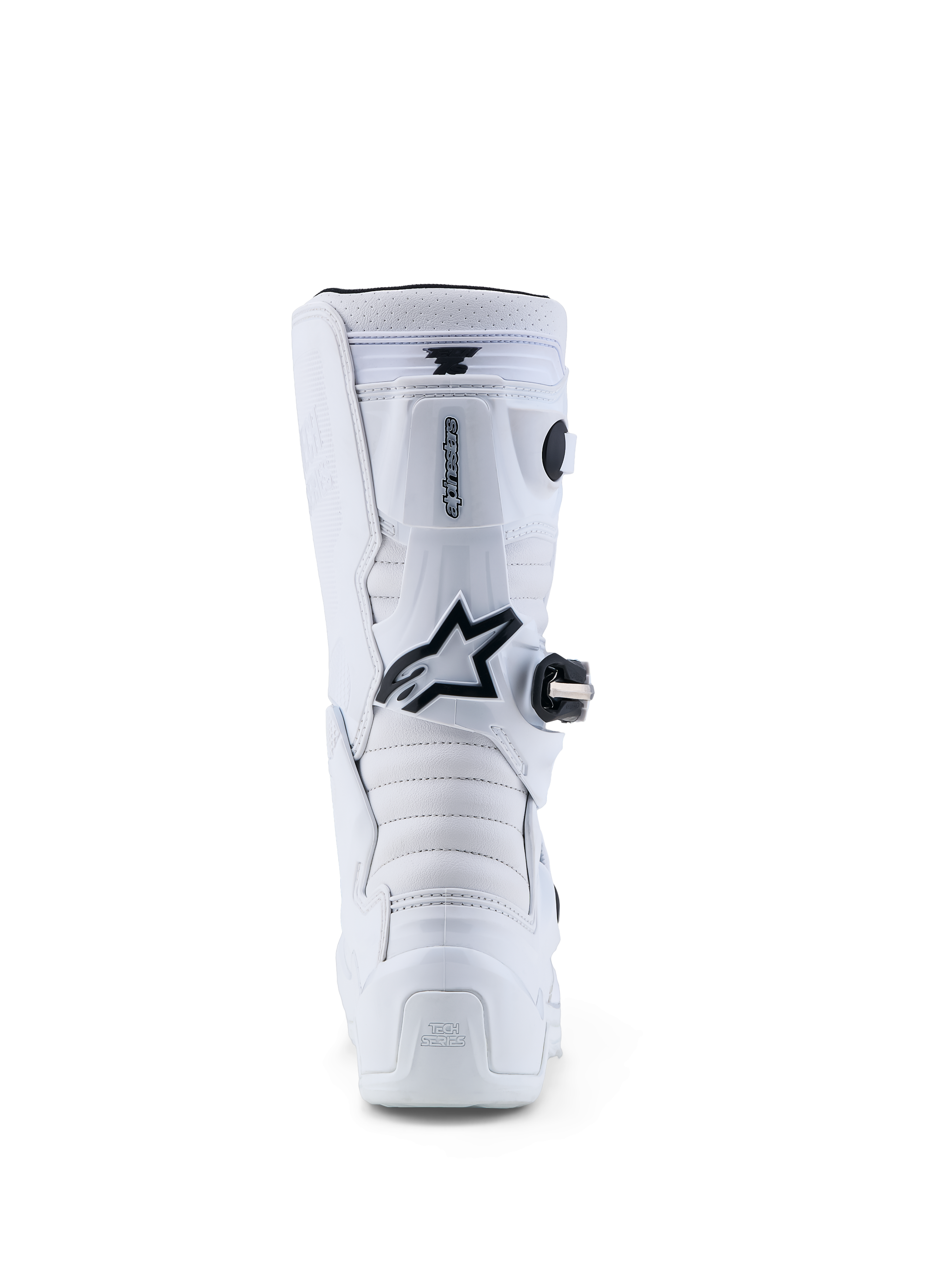 Botas Alpinestars Tech 7S Jovem, botas de motocross para jovens, brancas e pretas, vista traseira com proteção TPU e sistema de pivô, certificadas CE