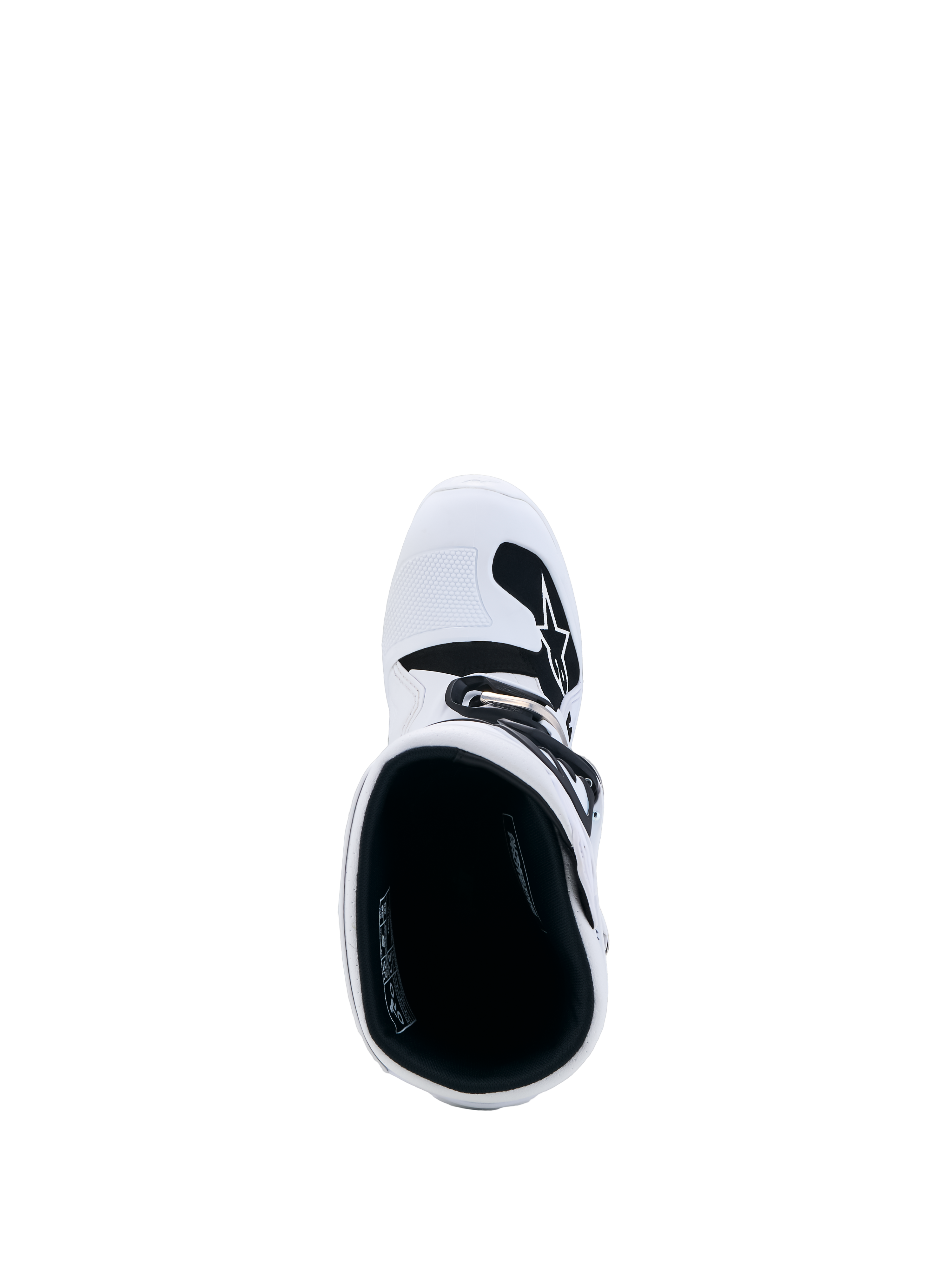 Alpinestars Botas Tech 7S Jovem, botas de motocross brancas e pretas, vista superior com acolchoamento interior.