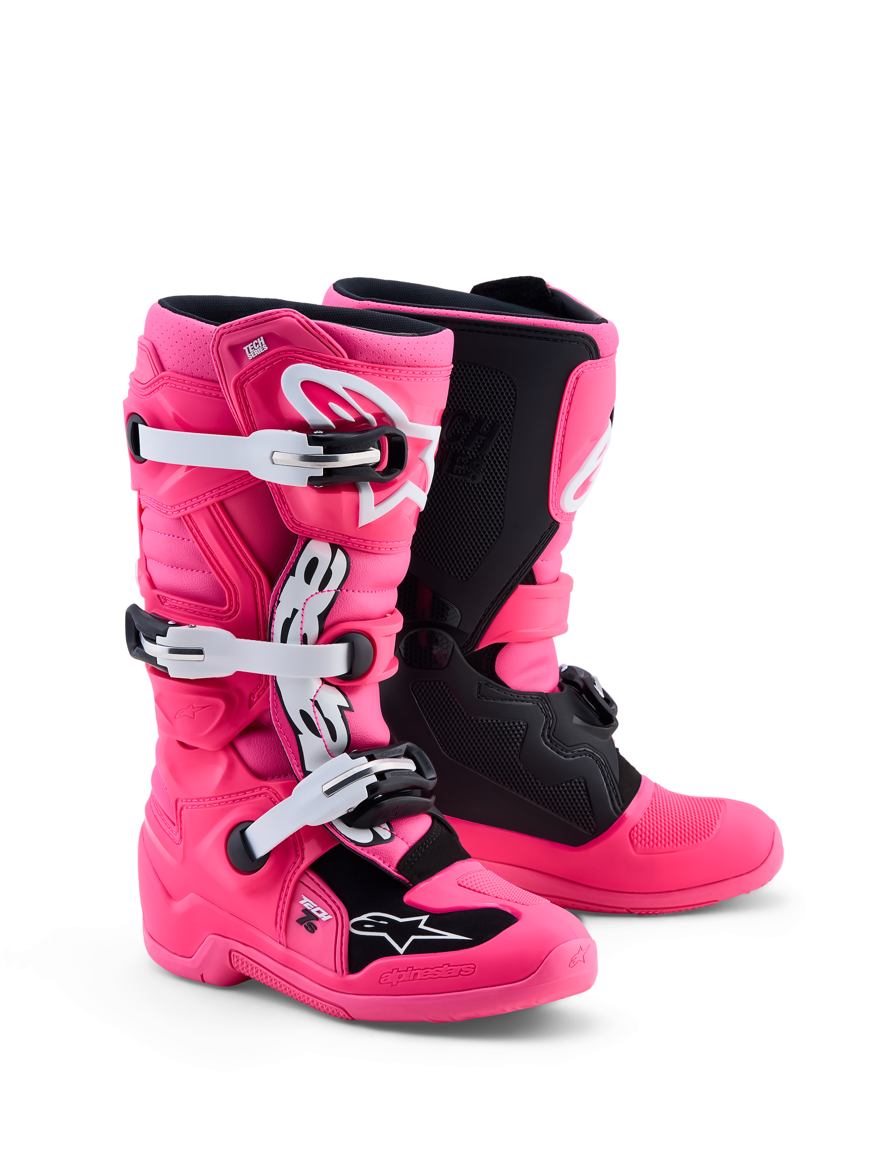 Alpinestars Tech 7S Jovem, botas de moto para todo-o-terreno, rosa e pretas, com proteção TPU e certificadas CE.
