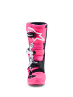 Alpinestars Botas Tech 7S Jovem, botas de motocross rosa fluo e pretas, com proteção de canela em TPU e fivelas rápidas.