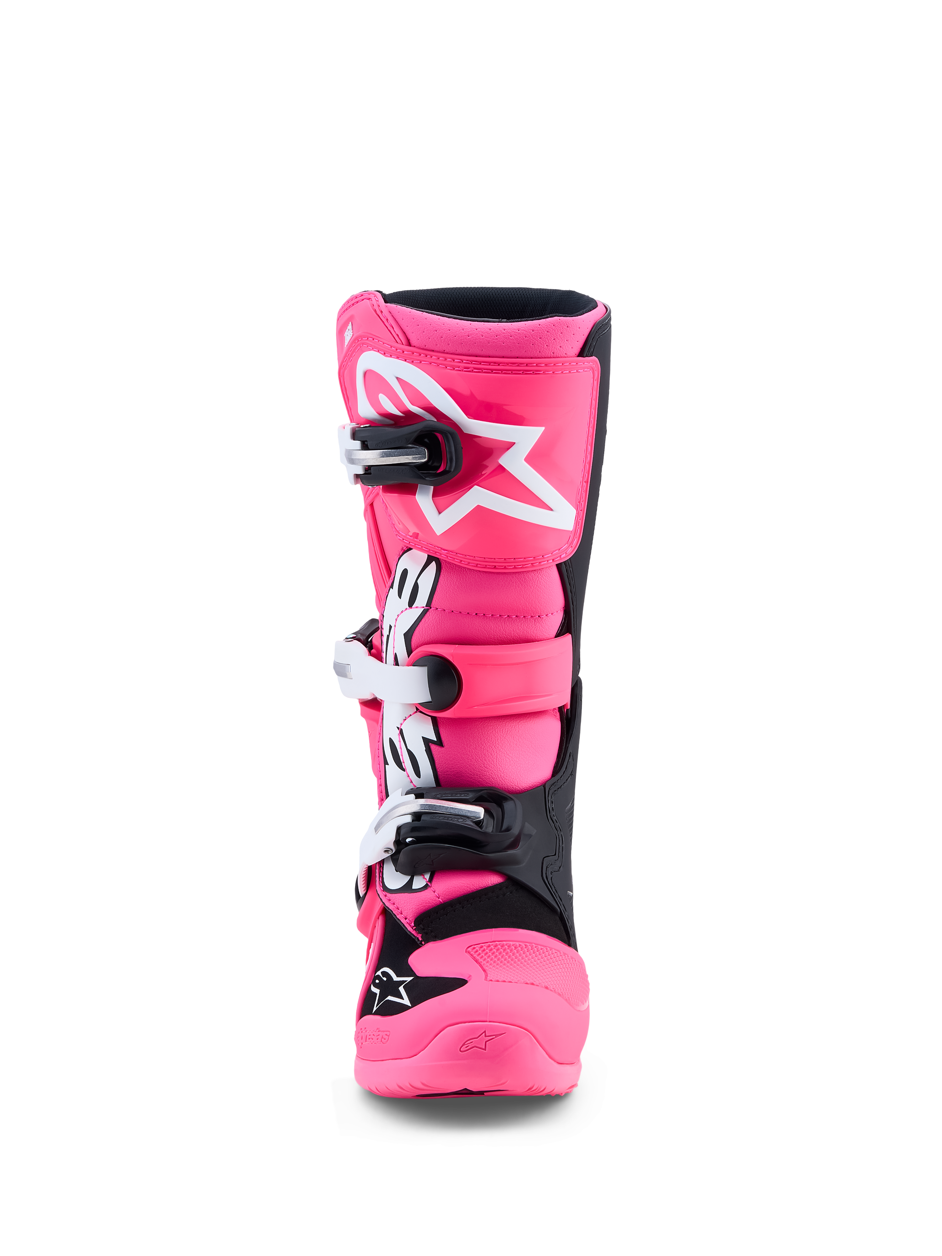 Alpinestars Botas Tech 7S Jovem, botas de motocross rosa fluo e pretas, com proteção de canela em TPU e fivelas rápidas.
