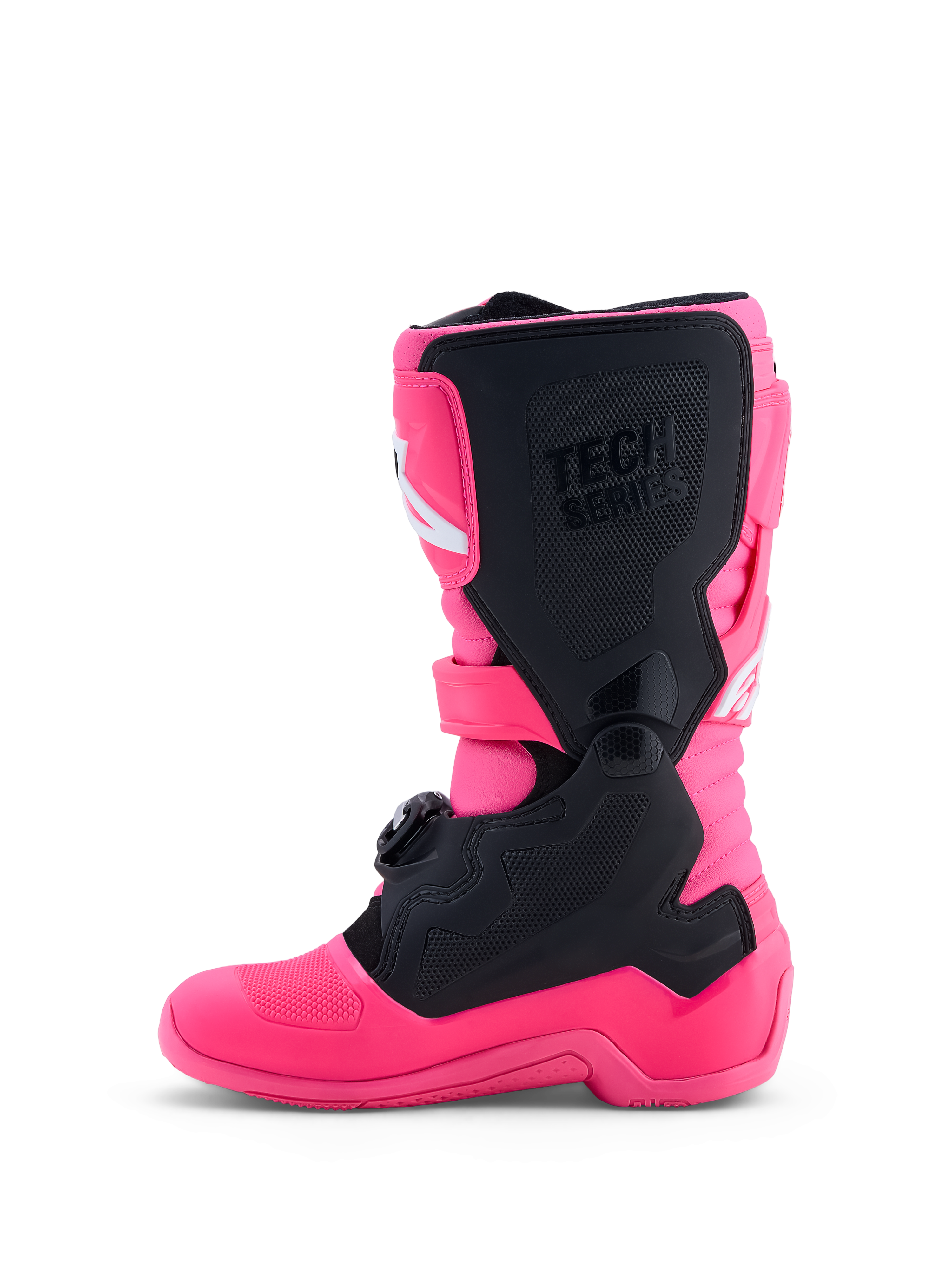 Alpinestars botas Tech 7S Jovem, botas de motocross para juventude, rosa fluo e pretas, proteção TPU e ajuste júnior.
