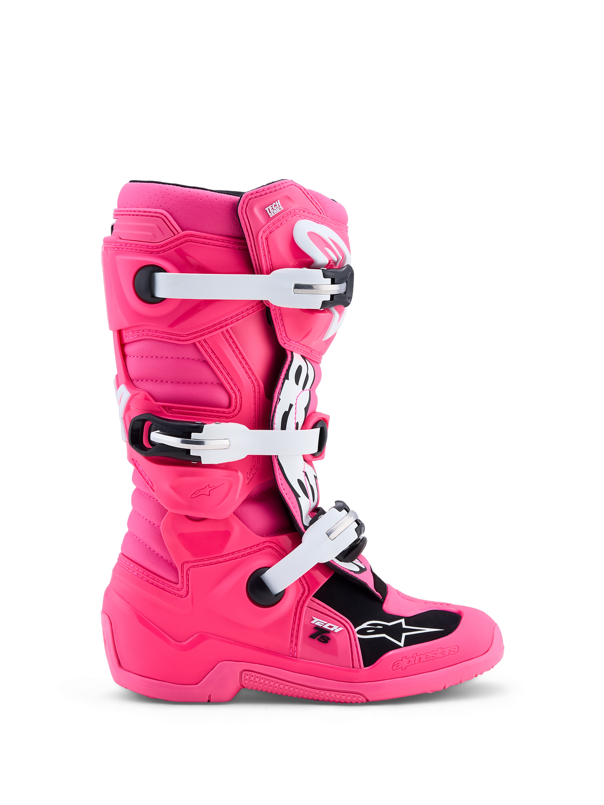 Alpinestars Botas Tech 7S Jovem, botas de motocross rosa fluo e pretas para juventude, com fivelas brancas e proteção TPU.