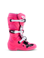 Alpinestars Botas Tech 7S Jovem, botas de motocross rosa fluo e pretas para juventude, com fivelas brancas e proteção TPU.
