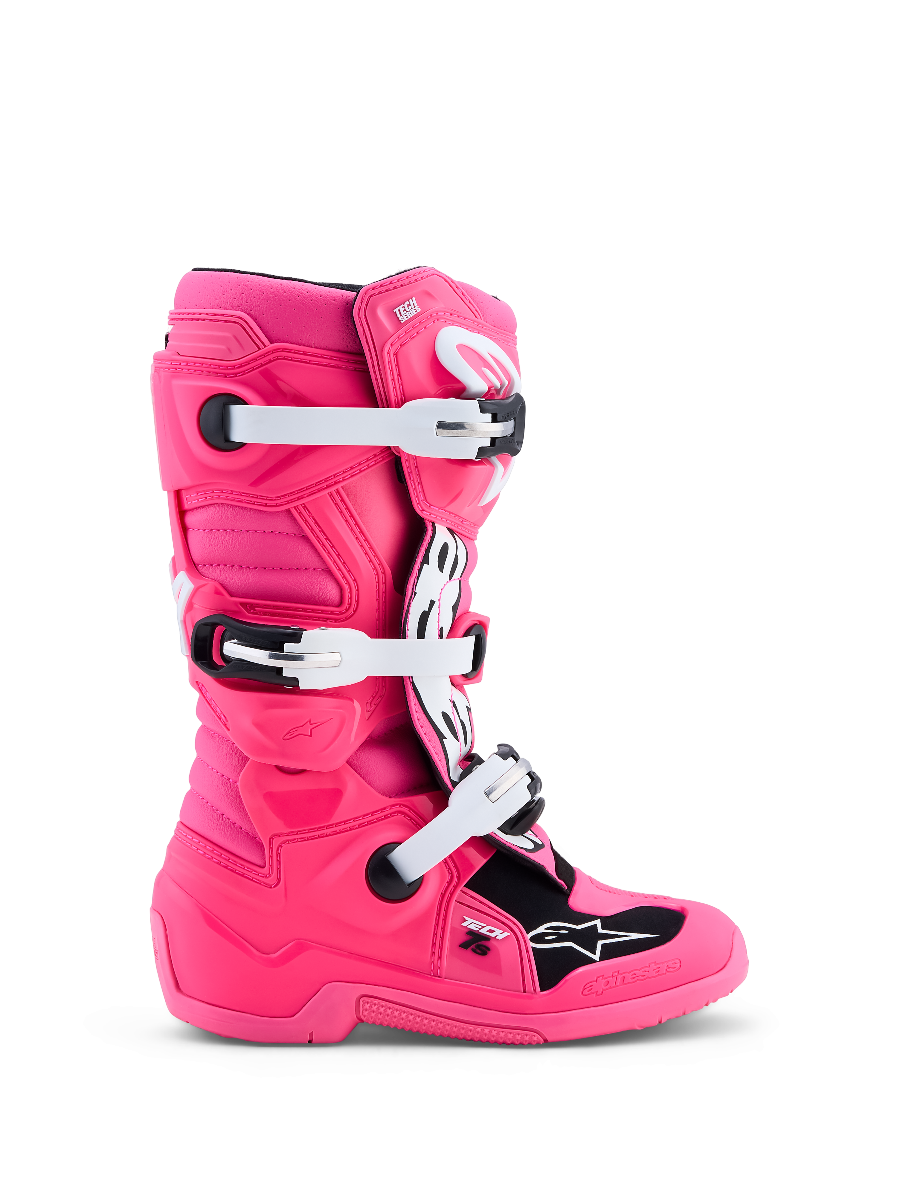 Alpinestars Botas Tech 7S Jovem, botas de motocross rosa fluo e pretas para juventude, com fivelas brancas e proteção TPU.
