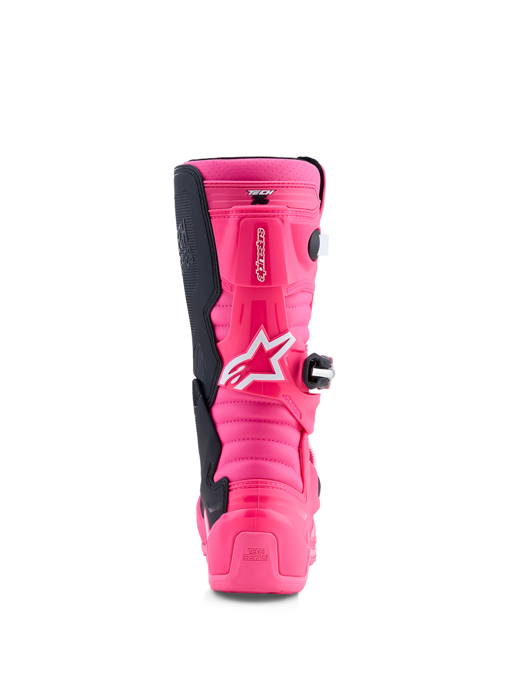 Alpinestars Tech 7S Jovem, botas de motocross rosa fluo e pretas, vista traseira com proteção em TPU e sistema de pivô.