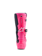 Alpinestars Tech 7S Jovem, botas de motocross rosa fluo e pretas, vista traseira com proteção em TPU e sistema de pivô.