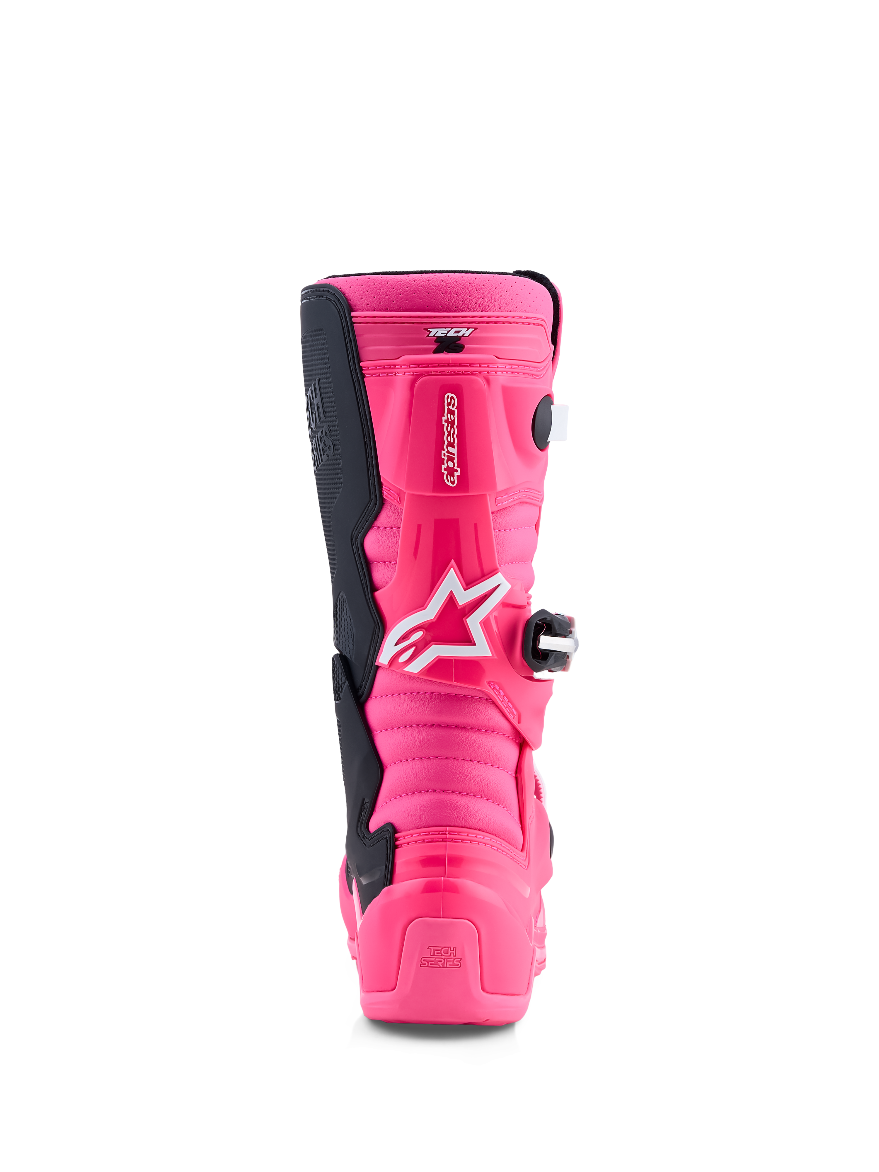 Alpinestars Tech 7S Jovem, botas de motocross rosa fluo e pretas, vista traseira com proteção em TPU e sistema de pivô.