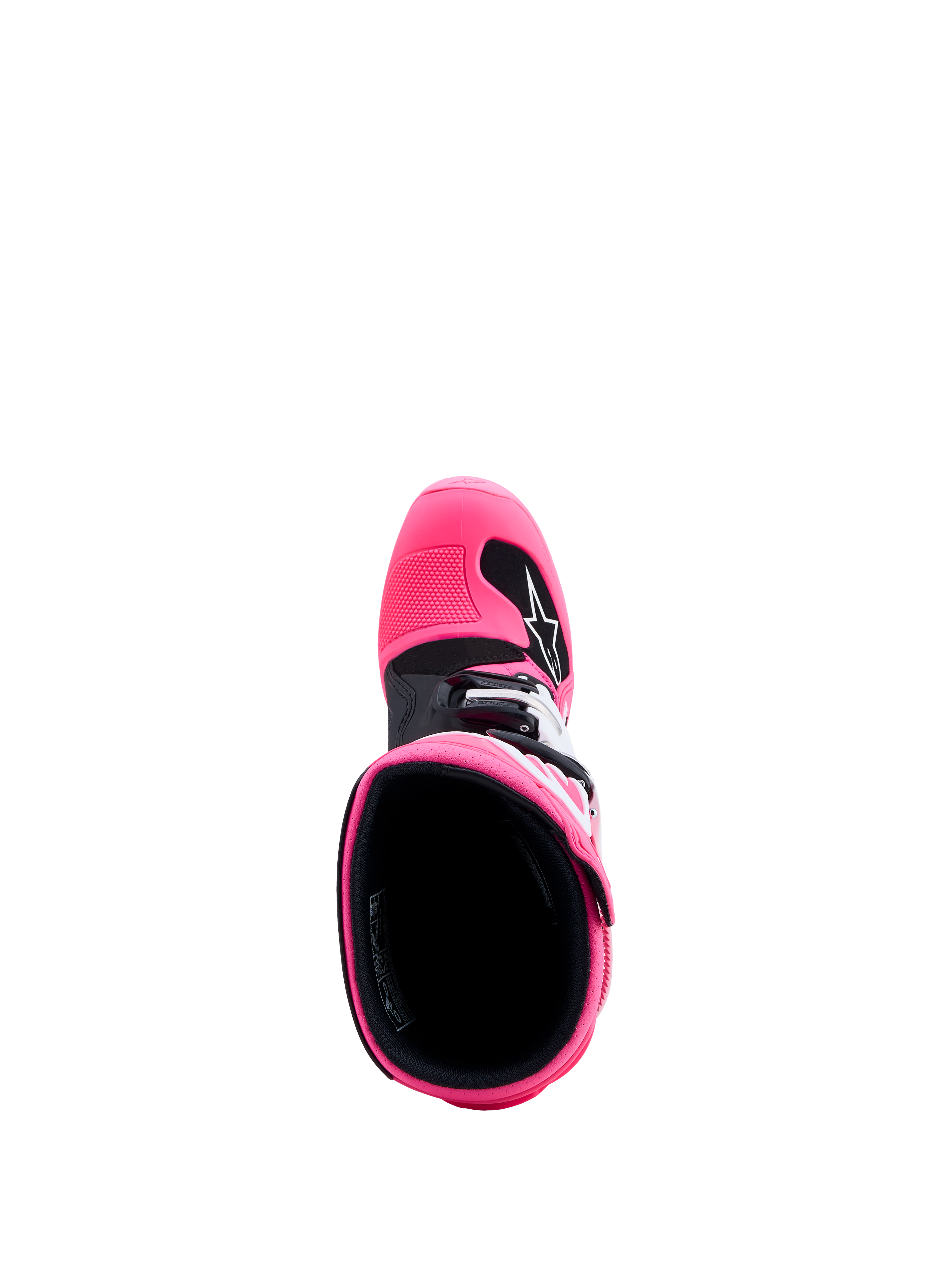 Alpinestars Tech 7S Jovem, botas de motocross rosa fluo e pretas para jovens, vista superior do interior e proteção em TPU