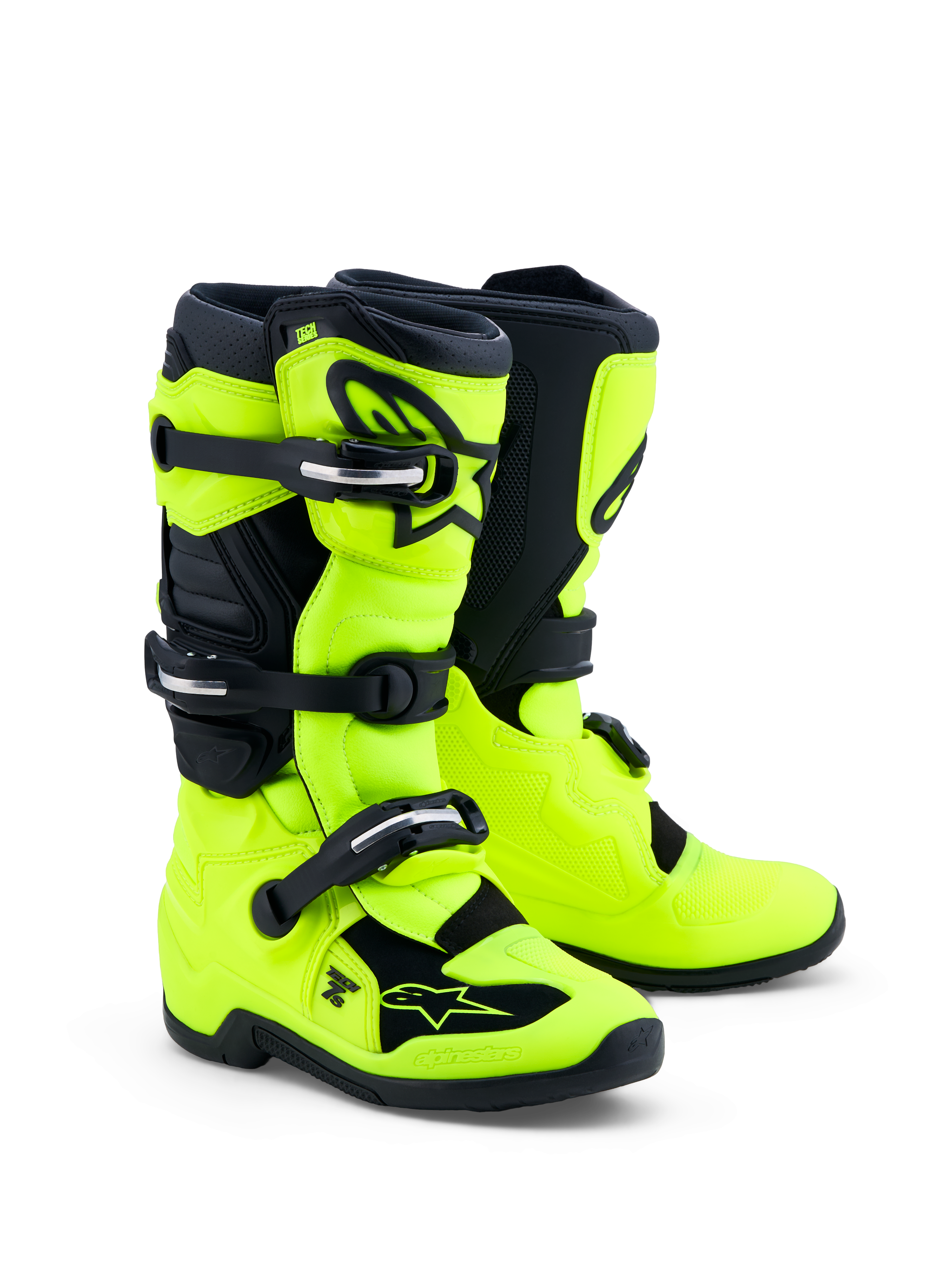 Alpinestars Botas Tech 7S Jovem, botas de moto amarelas fluo e pretas com proteção TPU e sistema de pivô para juniores.