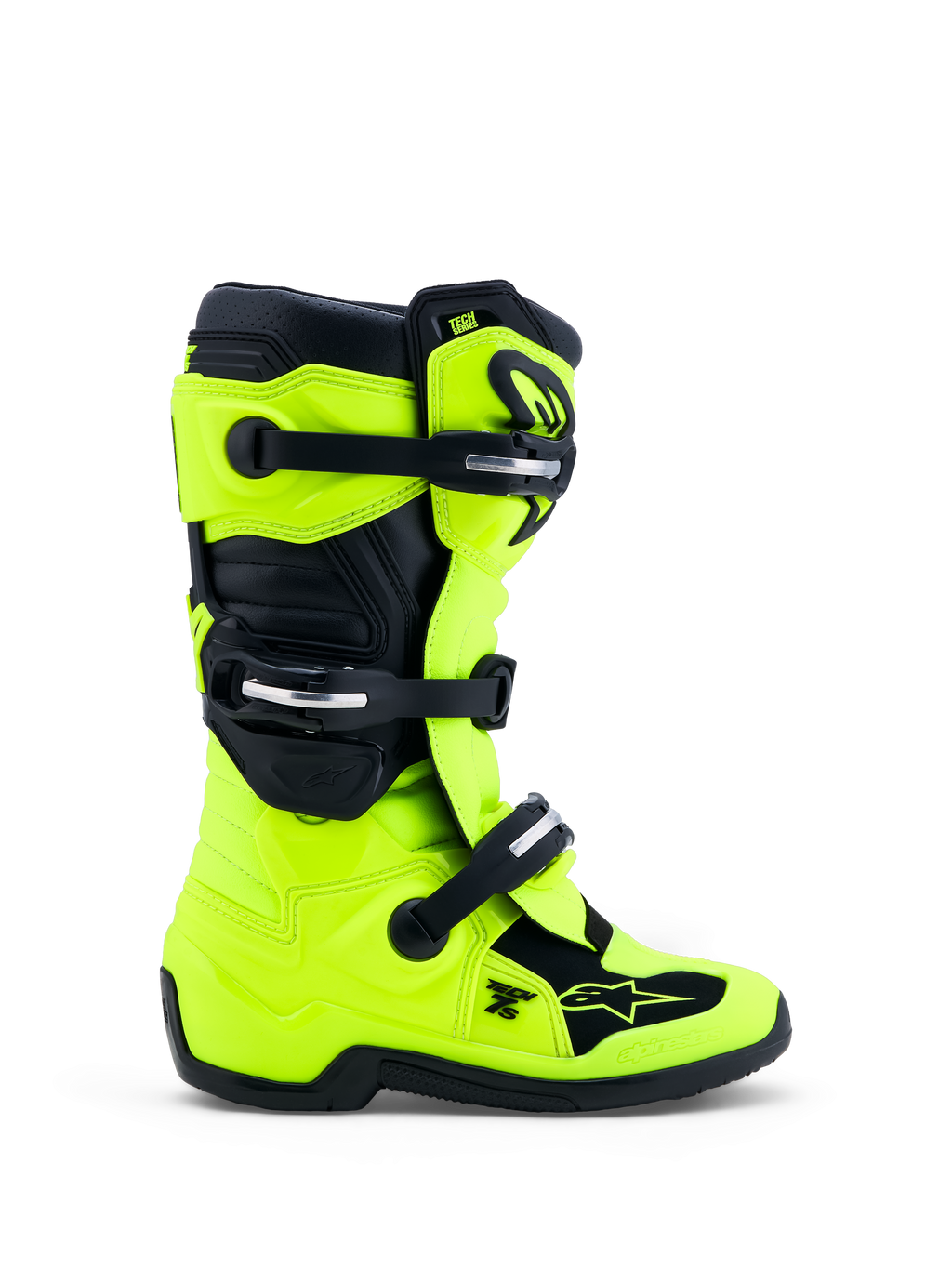 Alpinestars Botas Tech 7S Jovem, botas de motocross, amarelas fluorescentes e pretas, fivelas, proteção TPU, certificadas CE