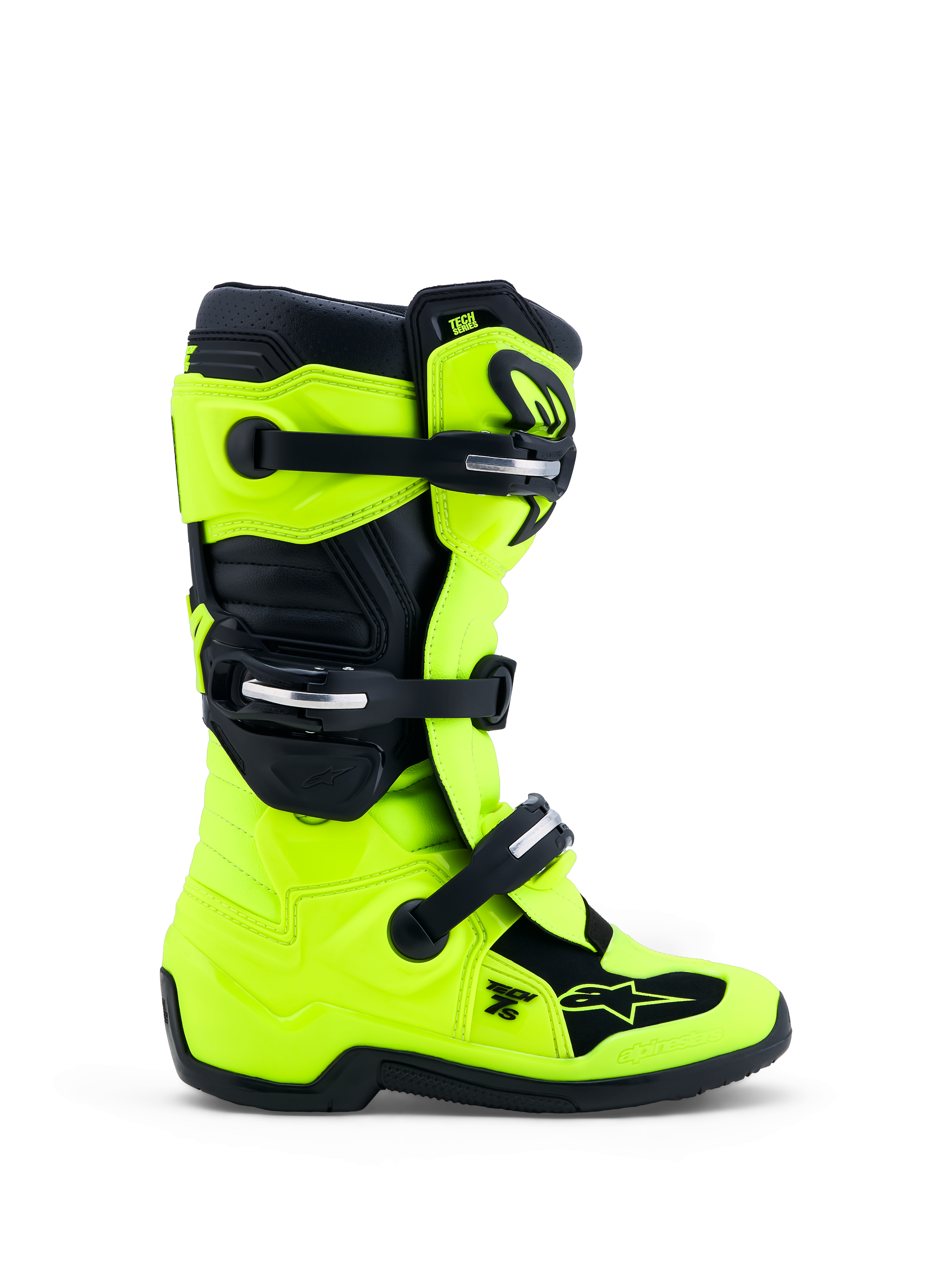 Alpinestars Botas Tech 7S Jovem, botas de motocross, amarelas fluorescentes e pretas, fivelas, proteção TPU, certificadas CE