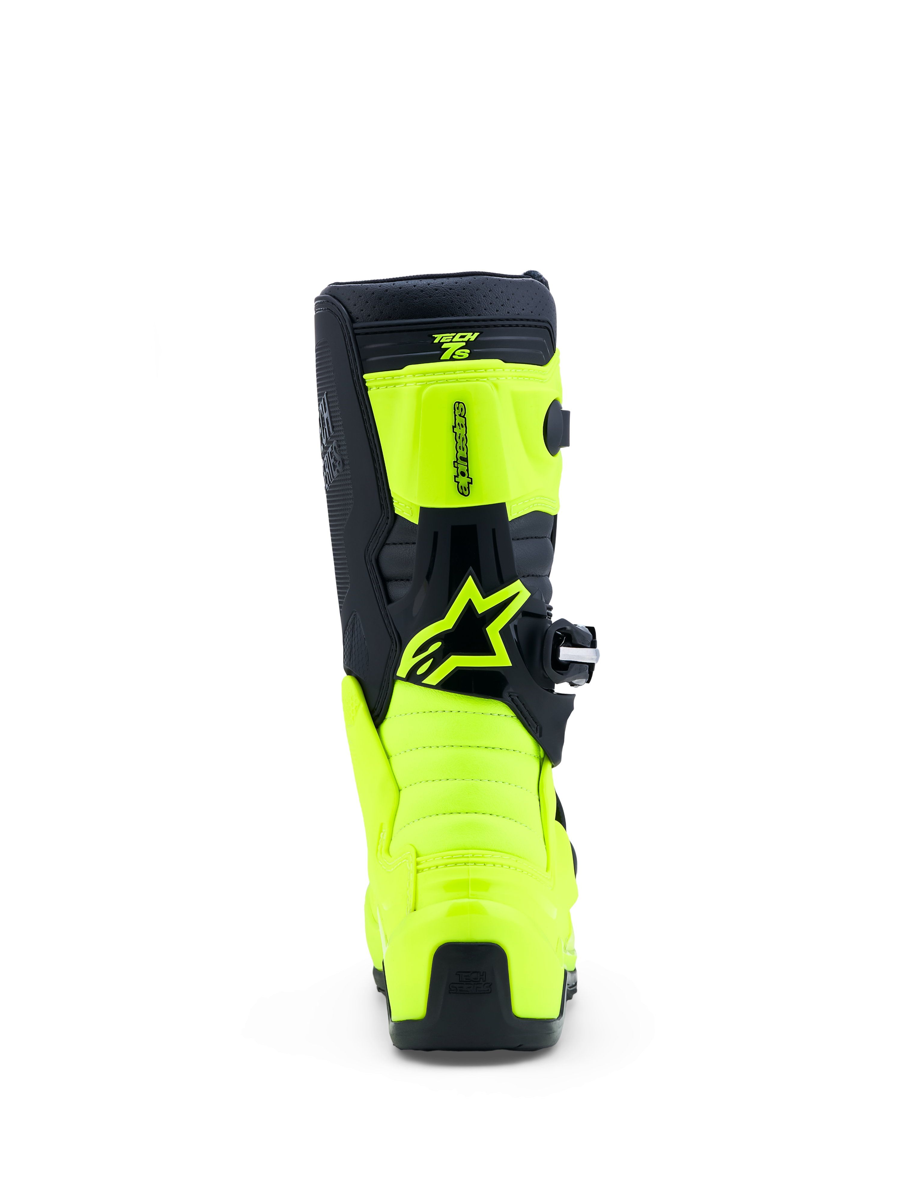 Alpinestars Botas Tech 7S Jovem, botas de motocross em amarelo fluo e preto, vista traseira com painéis TPU e logótipo Astars