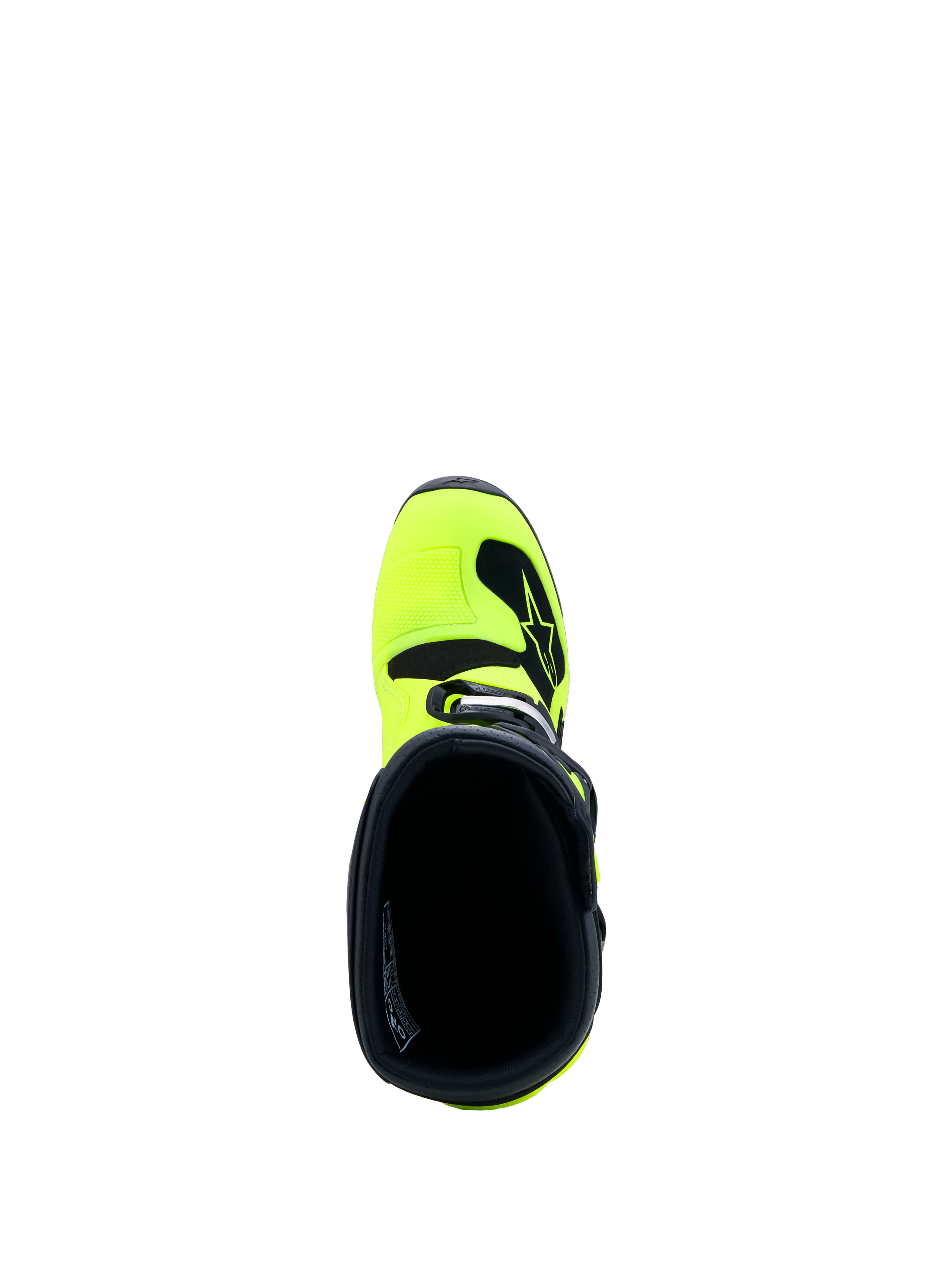 Alpinestars Tech 7S Jovem, botas de motocross, amarelas fluorescentes e pretas, vista superior do colarinho interno.