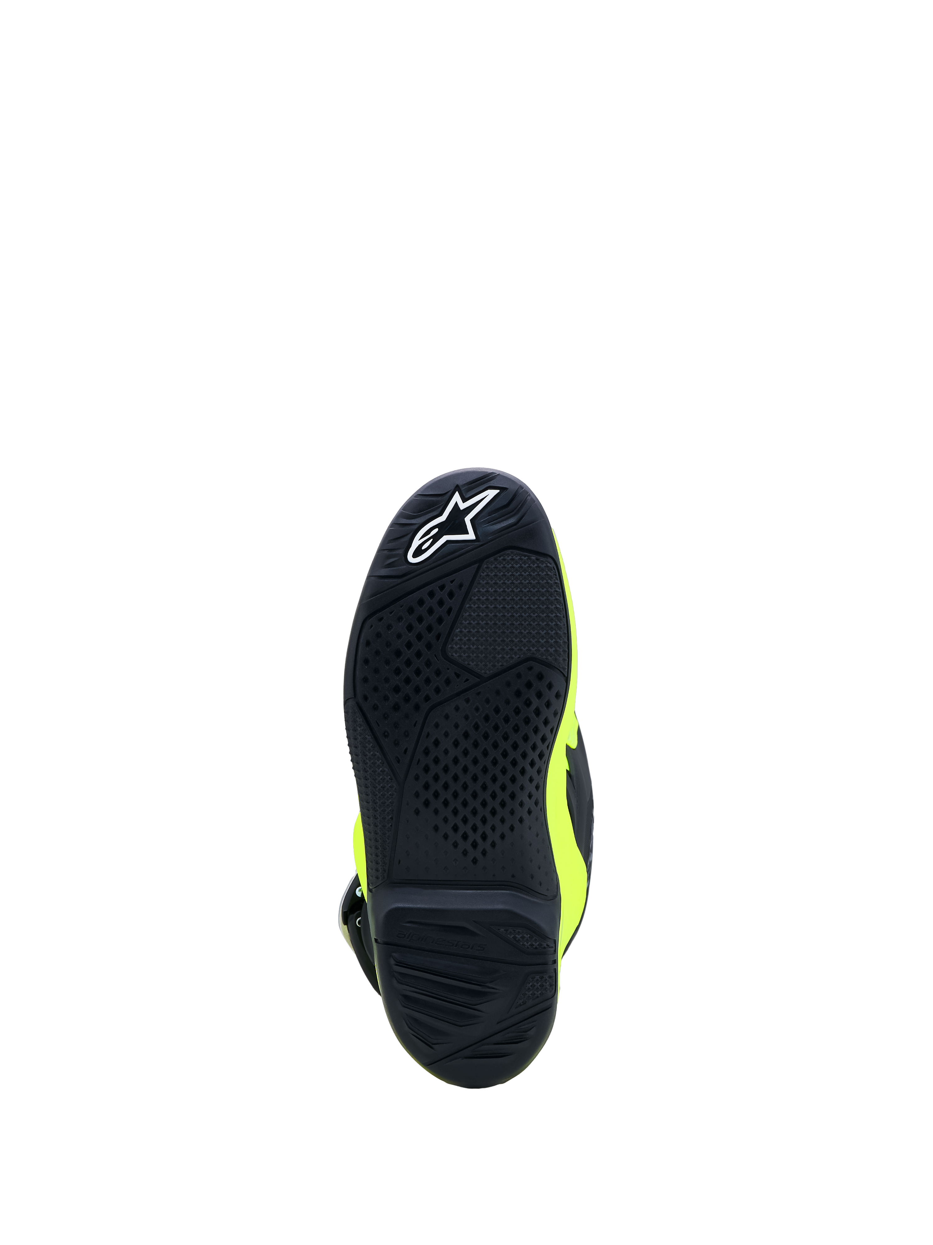Alpinestars Tech 7S Jovem, sola de bota de motocross em preto e amarelo fluo com borracha de alta aderência.