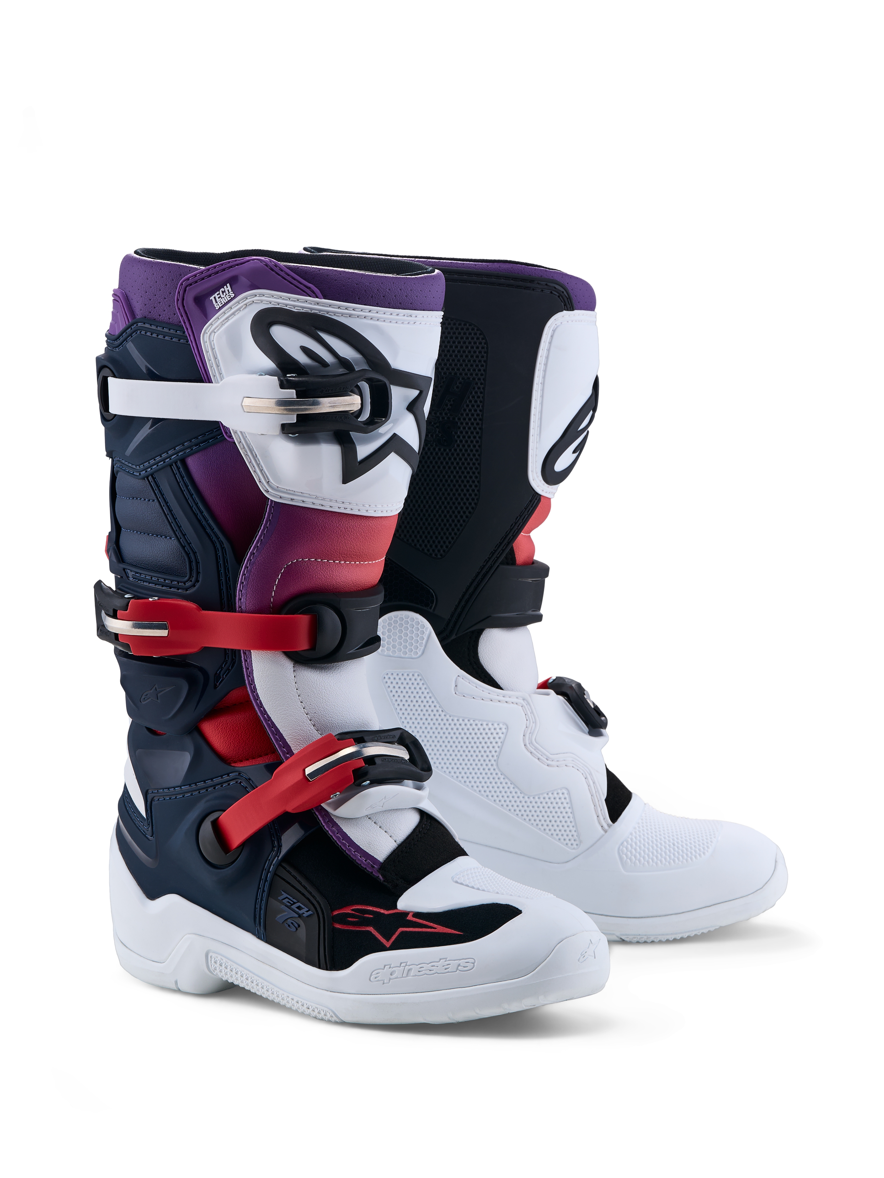 Alpinestars Tech 7S Jovem, botas de motocross, azul escuro, brancas e pretas, proteção TPU e certificação CE