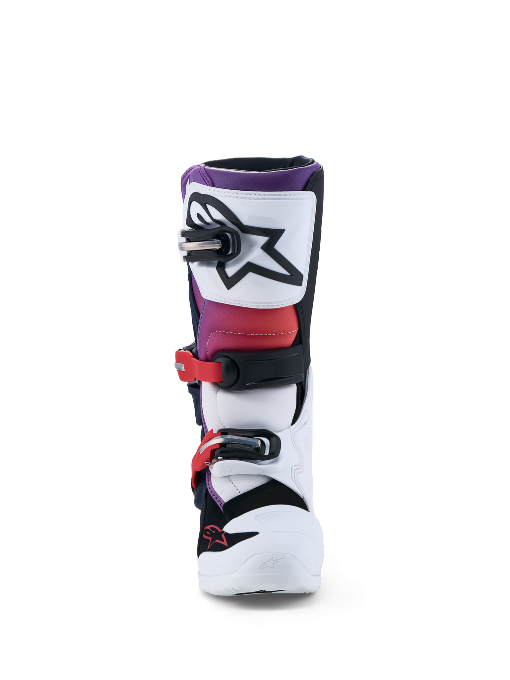 Alpinestars Tech 7S Jovem, botas de moto para motocross, brancas e roxas, com proteção em TPU e sistema de fivelas seguro.