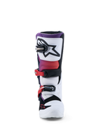 Alpinestars Tech 7S Jovem, botas de moto para motocross, brancas e roxas, com proteção em TPU e sistema de fivelas seguro.