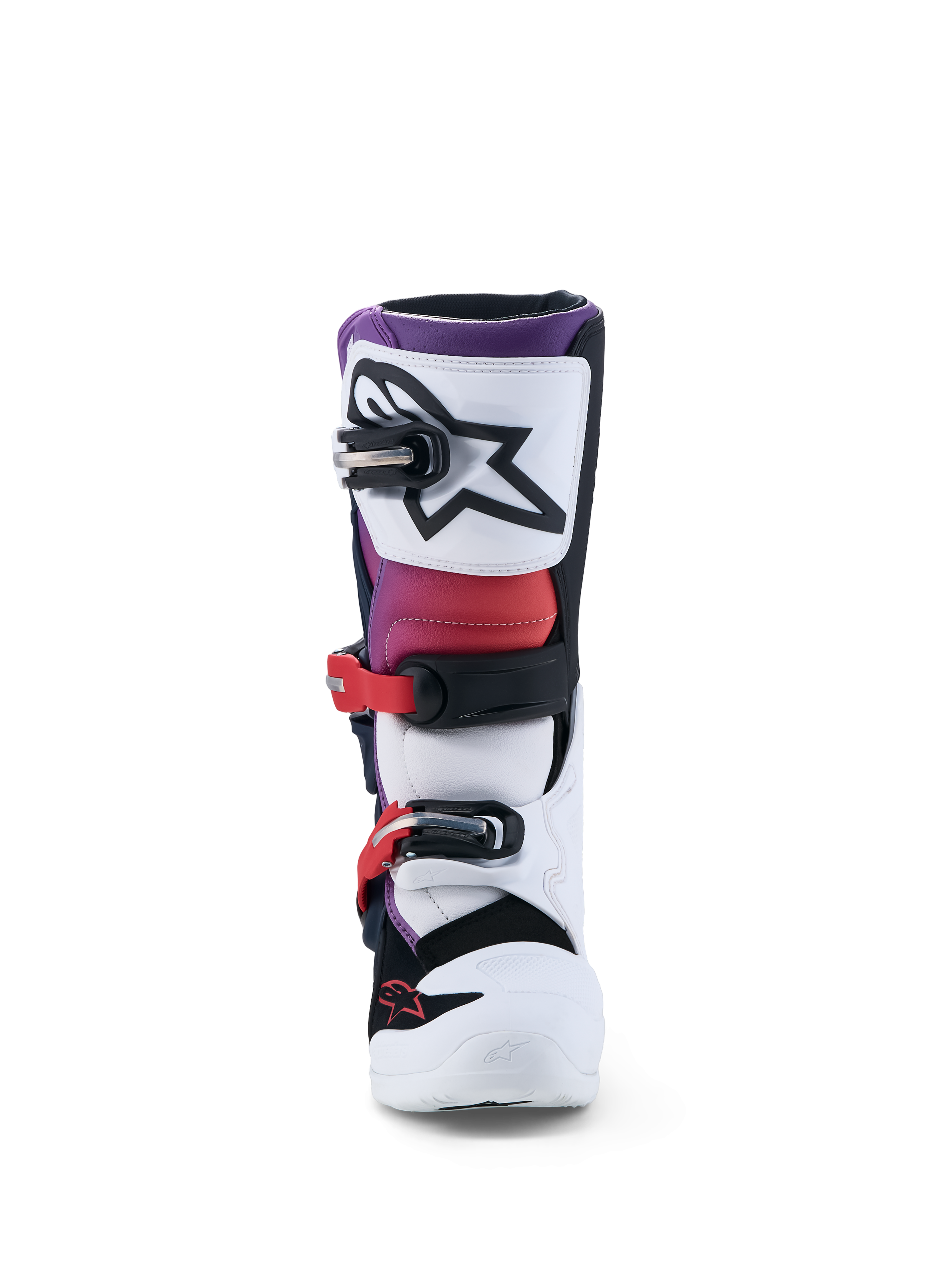 Alpinestars Tech 7S Jovem, botas de moto para motocross, brancas e roxas, com proteção em TPU e sistema de fivelas seguro.