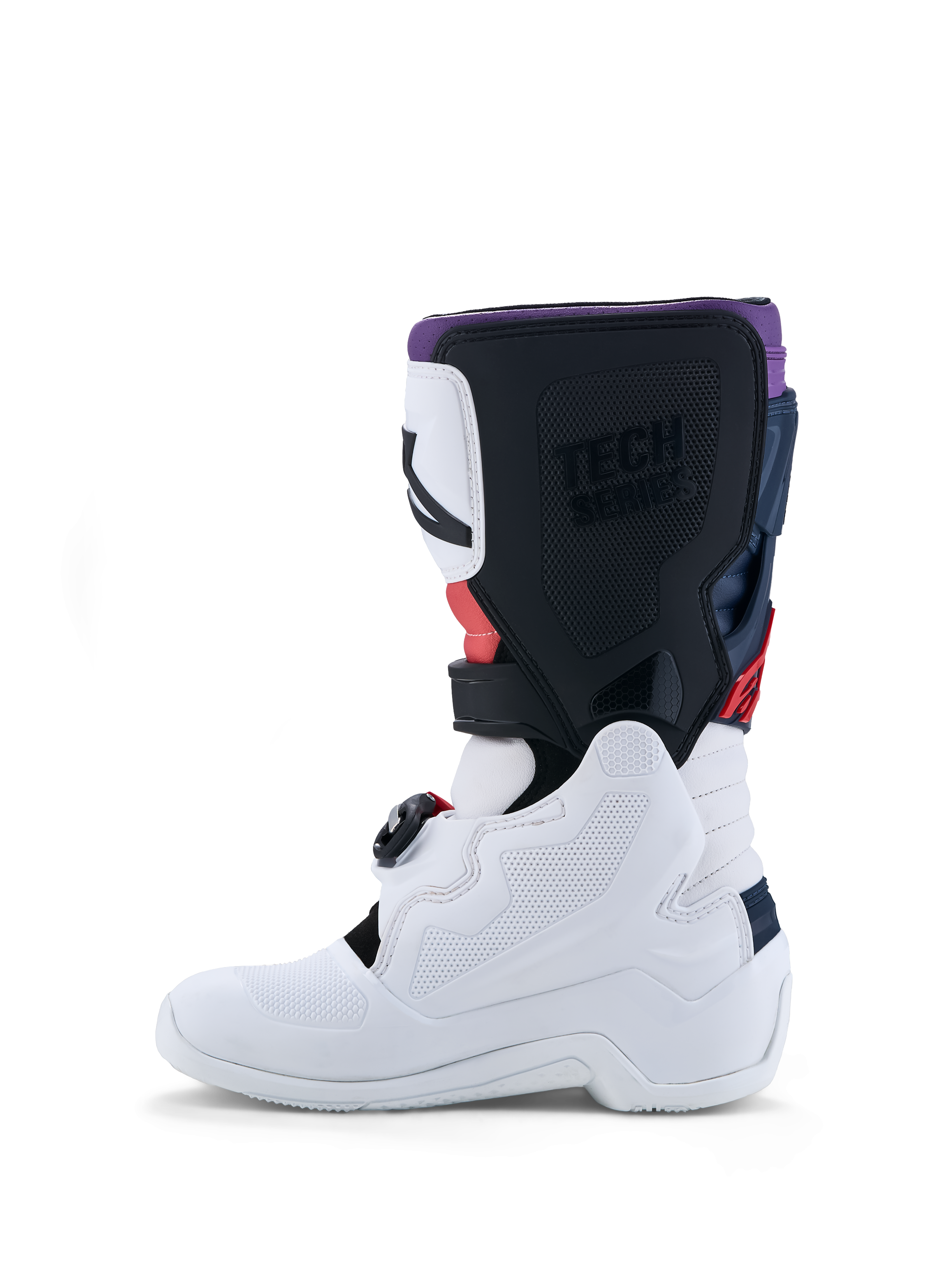 Alpinestars Botas Tech 7S Jovem, botas de motocross para jovens, brancas e pretas com pormenores vermelhos, construção em TPU durável para proteção em todo-o-terreno.