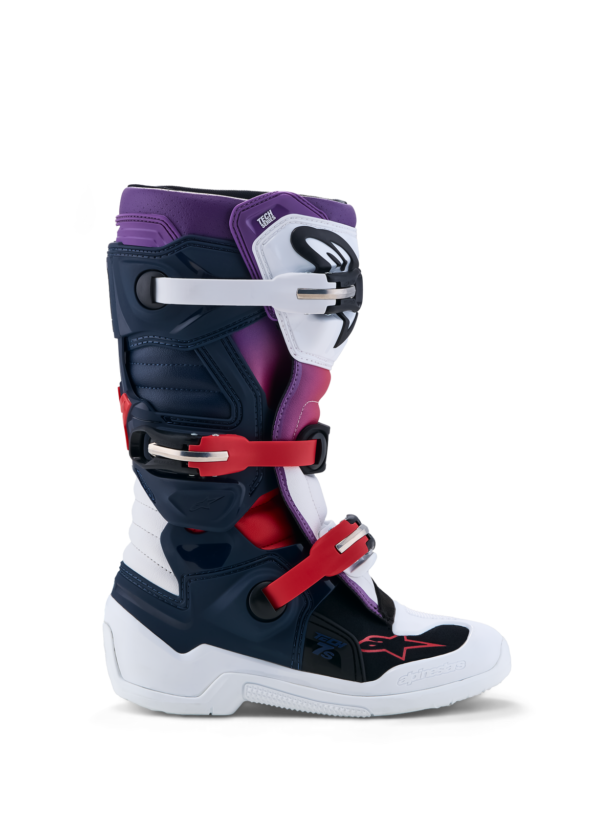 Alpinestars Botas Tech 7S Jovem, botas de motocross para juventude, azul escuro, brancas e vermelhas, com placas de proteção em TPU e sistema de fivelas, para condução todo-o-terreno.
