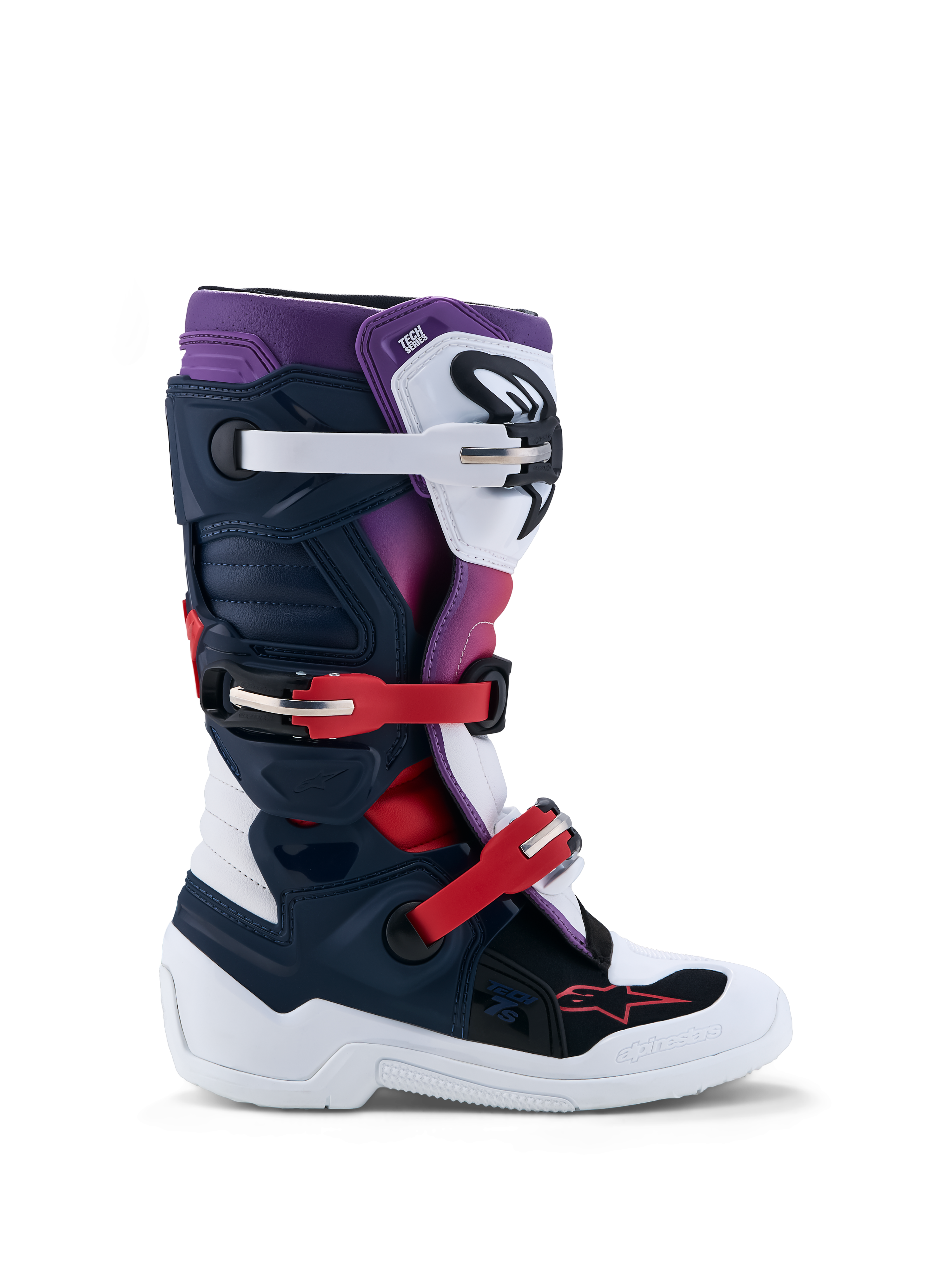 Alpinestars Botas Tech 7S Jovem, botas de motocross para juventude, azul escuro, brancas e vermelhas, com placas de proteção em TPU e sistema de fivelas, para condução todo-o-terreno.