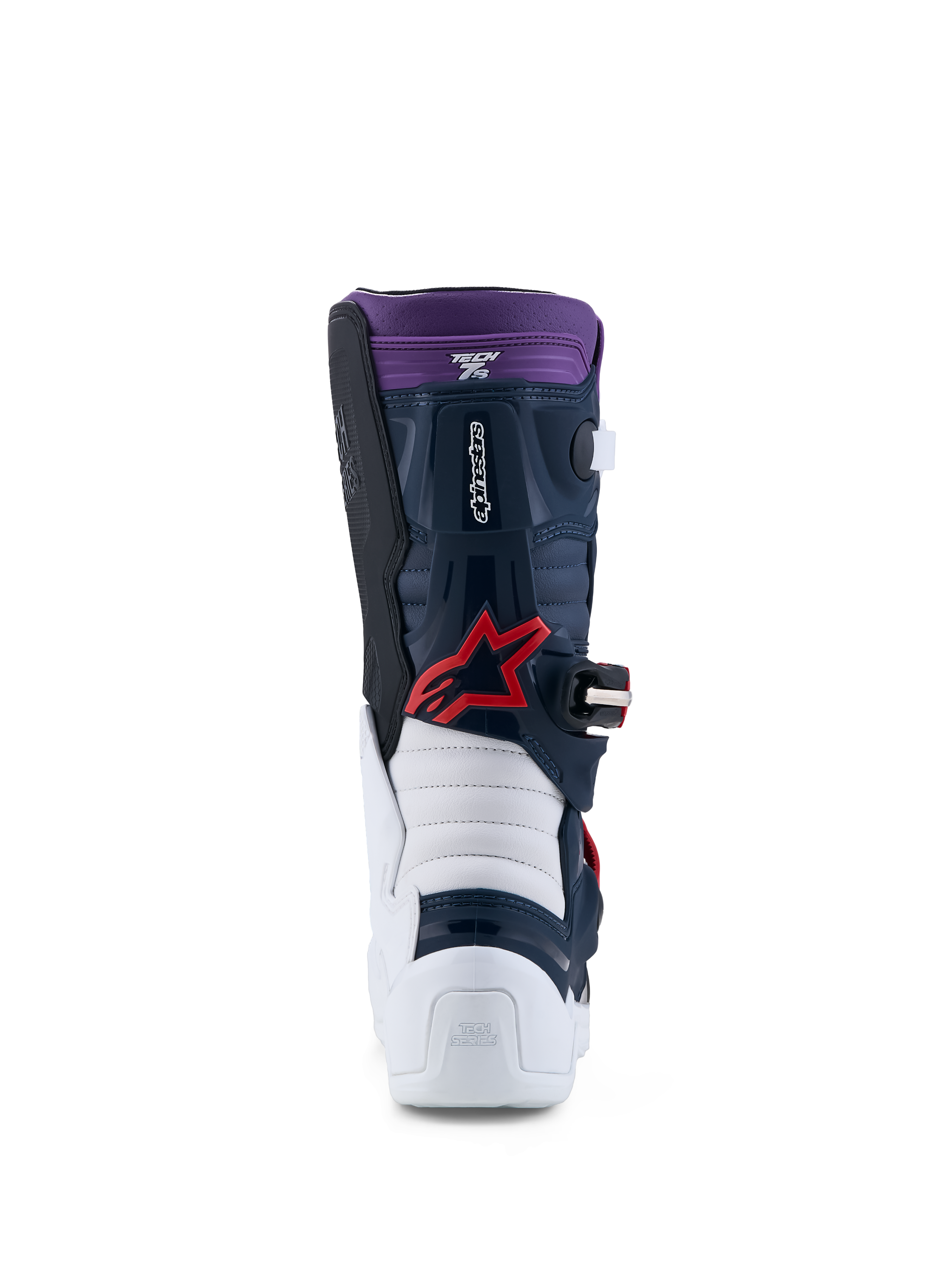 Alpinestars Botas Tech 7S Jovem, botas de motocross, azul escuro, branco e vermelho, certificadas CE, vista traseira.