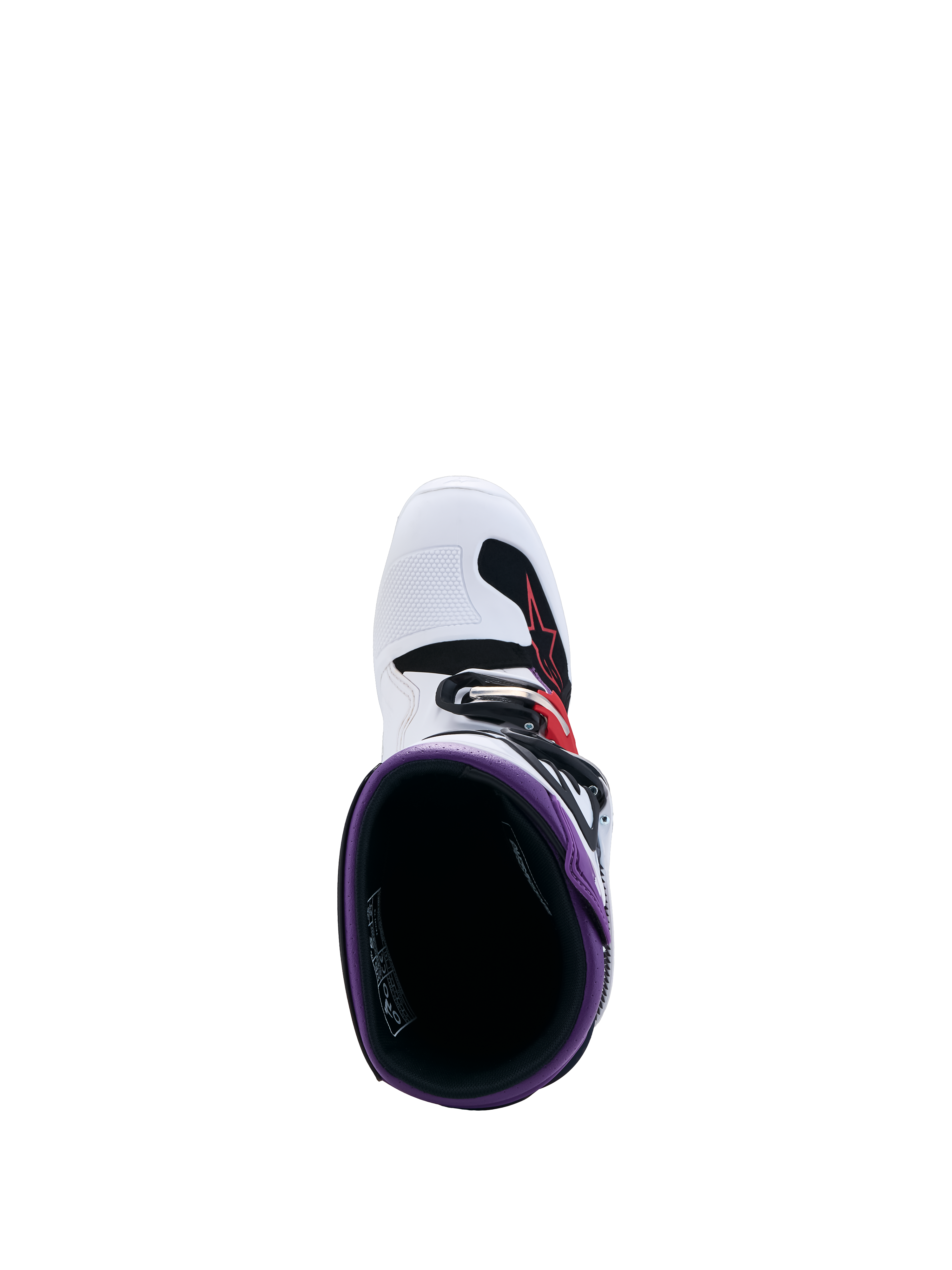 Alpinestars Tech 7S Jovem, botas de motocross para jovens, brancas e azuis, vista interior superior.