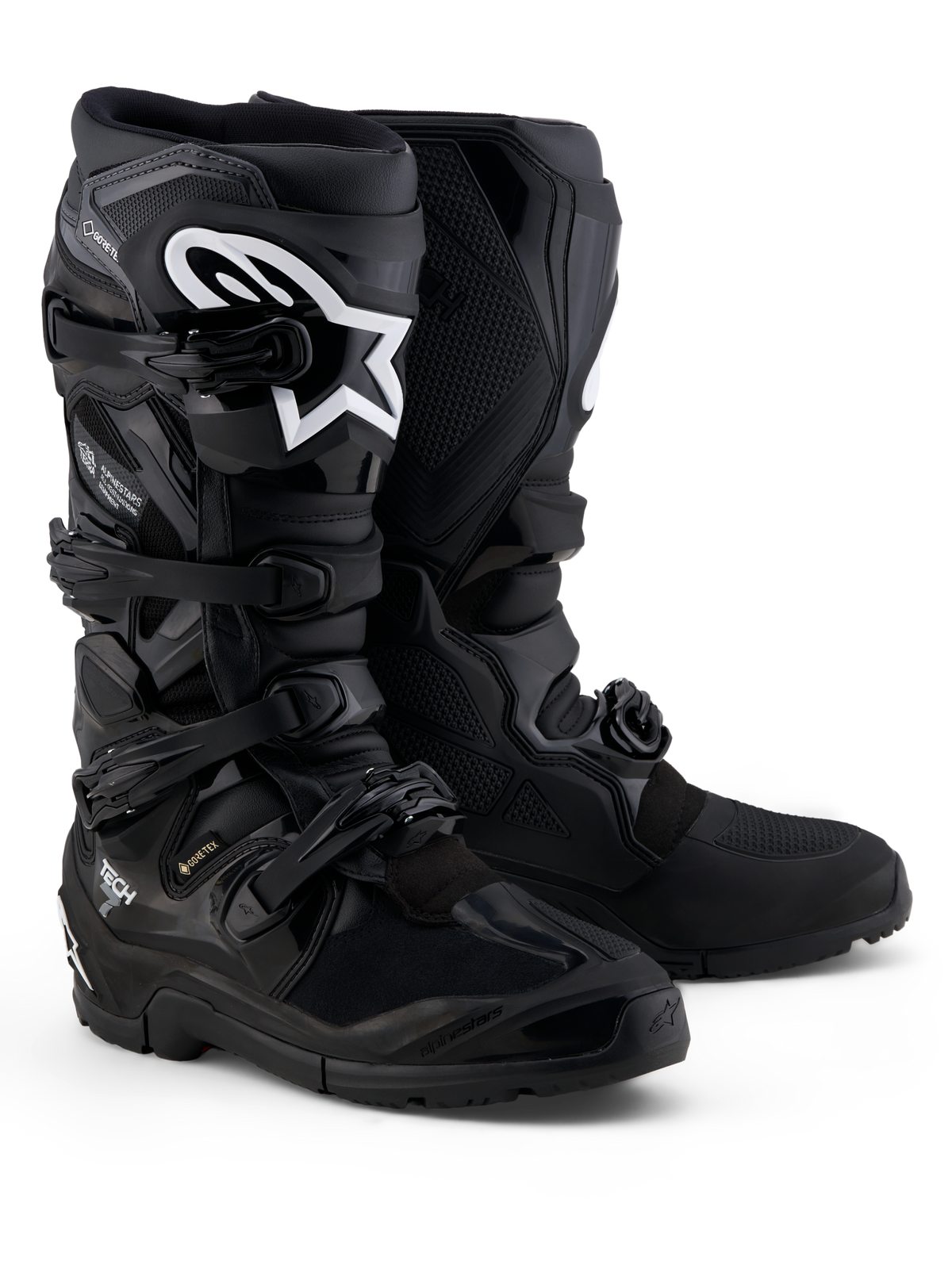 Alpinestars Botas Tech 7 Enduro Gore-Tex, botas de moto off-road pretas e cinzentas, impermeáveis com membrana Gore-Tex e proteção TPU.