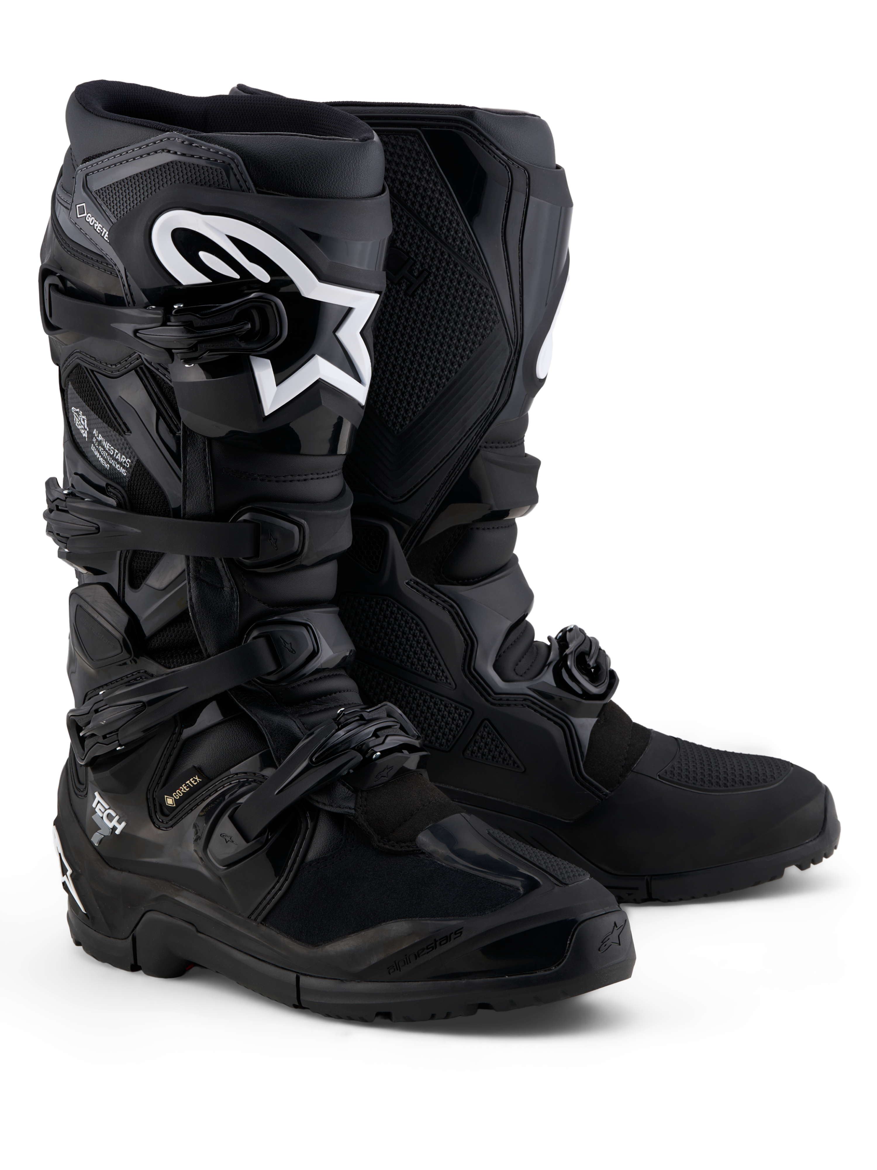 Alpinestars Botas Tech 7 Enduro Gore-Tex, botas de moto off-road pretas e cinzentas, impermeáveis com membrana Gore-Tex e proteção TPU.