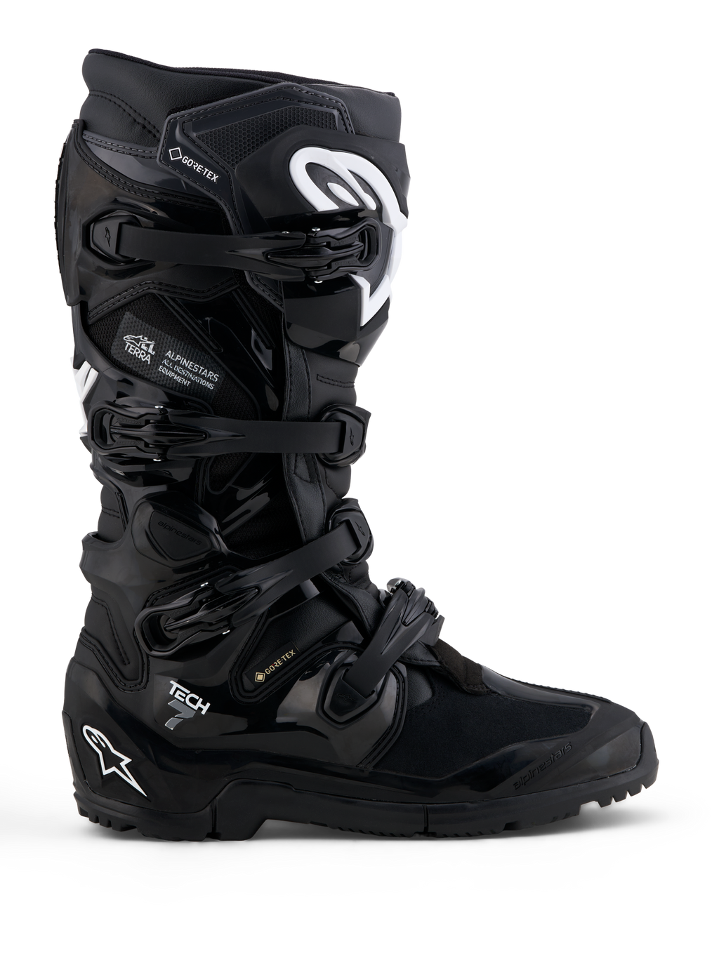Alpinestars Botas Tech 7 Enduro Gore-Tex, botas de moto off-road pretas e brancas, impermeáveis com proteção TPU