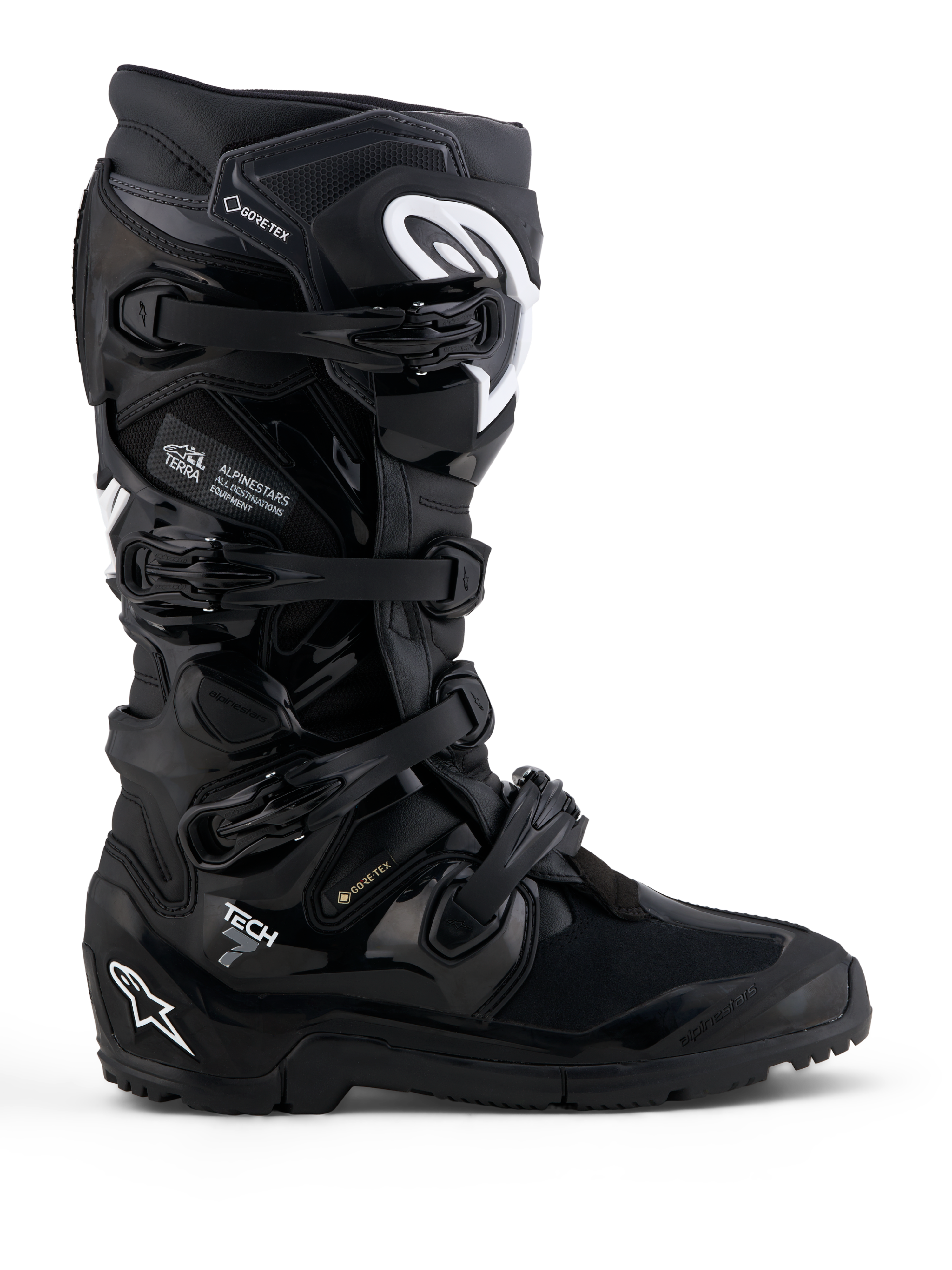 Alpinestars Botas Tech 7 Enduro Gore-Tex, botas de moto off-road pretas e brancas, impermeáveis com proteção TPU