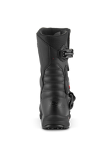 Alpinestars XT-8 GORE-TEX Boots, Adventure Enduro Motorcycle Boots, Black Black, Rear view highlighting the heel and shaft, featuring ribbed flex panels for movement and buckle closure, durable waterproof design