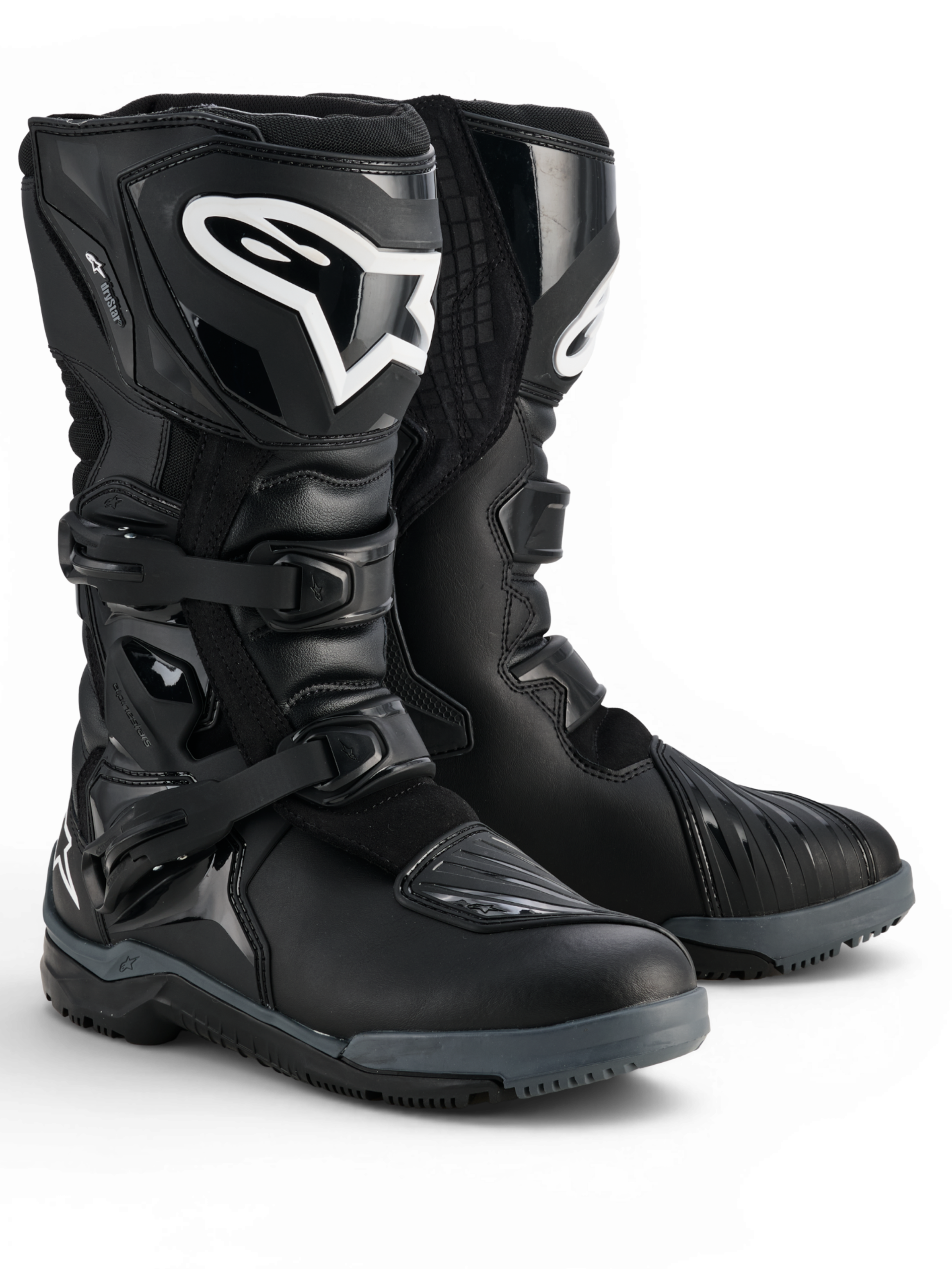 Alpinestars Corozal V2 Adventure Drystar® Boots, black waterproof adventure motorcycle boots with protective TPU shin plates, lateral ankle protection, adjustable buckles and rugged all-terrain soles, product pair shown.