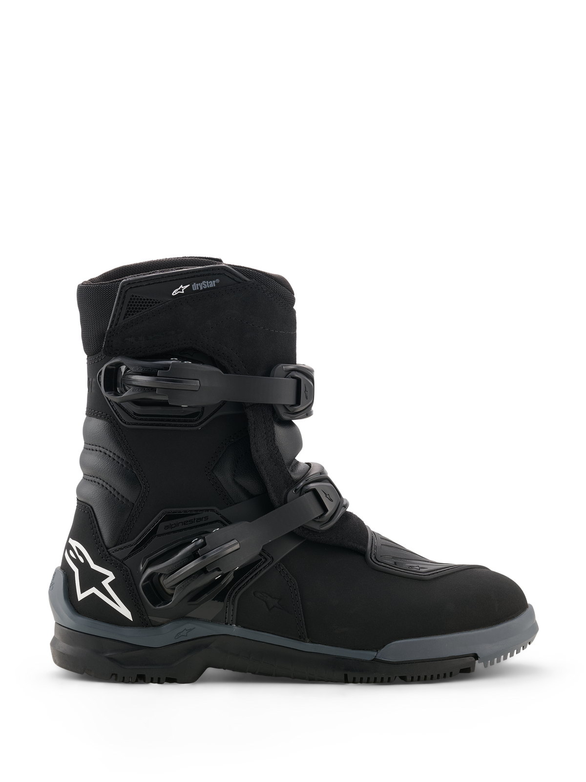Alpinestars Belize V2 Drystar® Boots, botas de motociclismo pretas, vista de perfil lateral com dois fechos de fivela ajustáveis, logótipo de estrela Alpinestars branco no calcanhar, sola off-road robusta e design impermeável para condução de aventura