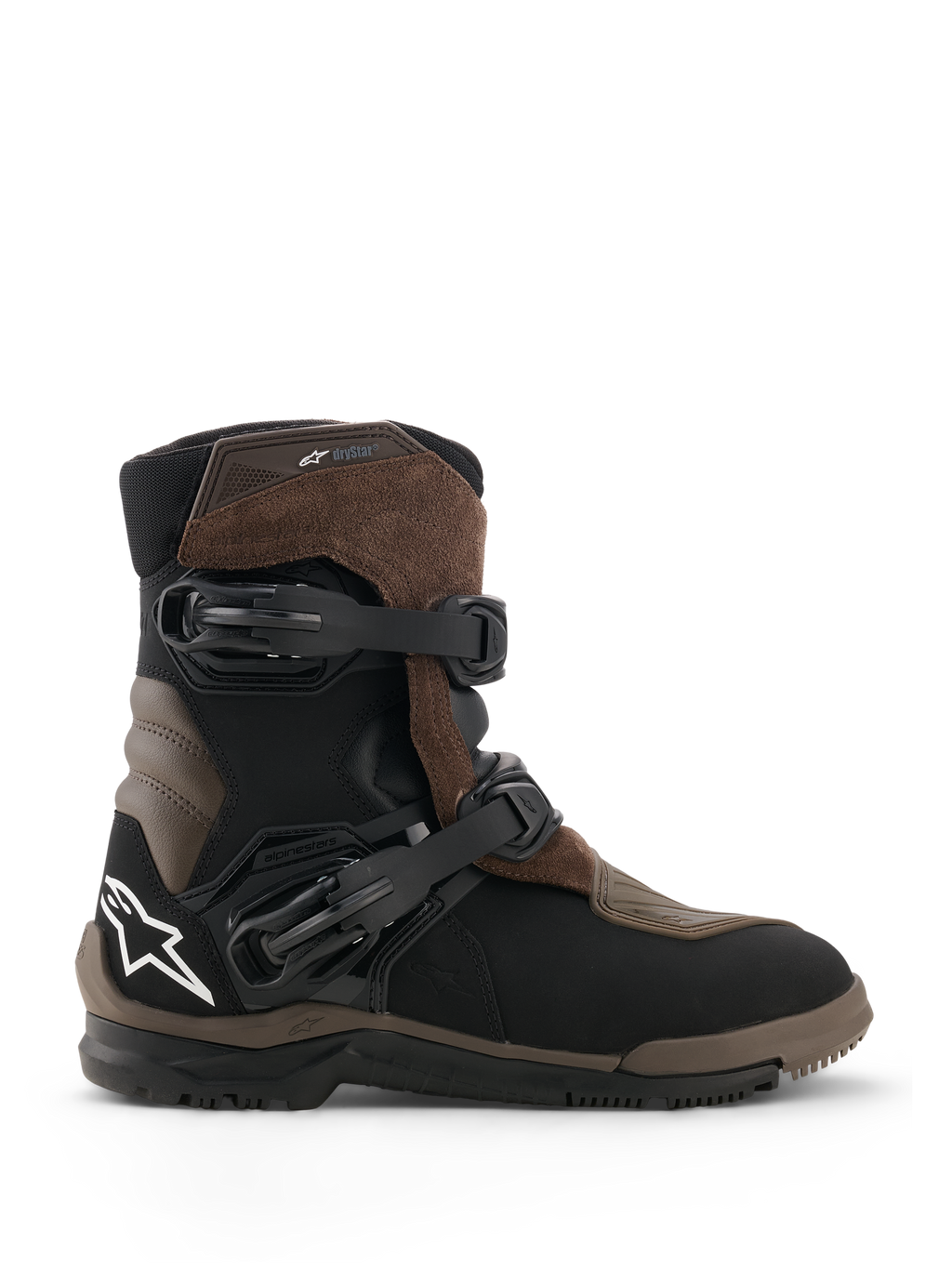 Botas Alpinestars Belize V2 Drystar, botas de motociclismo adventure touring, castanhas e pretas, construção em camurça e couro impermeável, duas fivelas ajustáveis de libertação rápida, sola de borracha vulcanizada texturizada para todo-o-terreno, com o logótipo da estrela branca no calcanhar