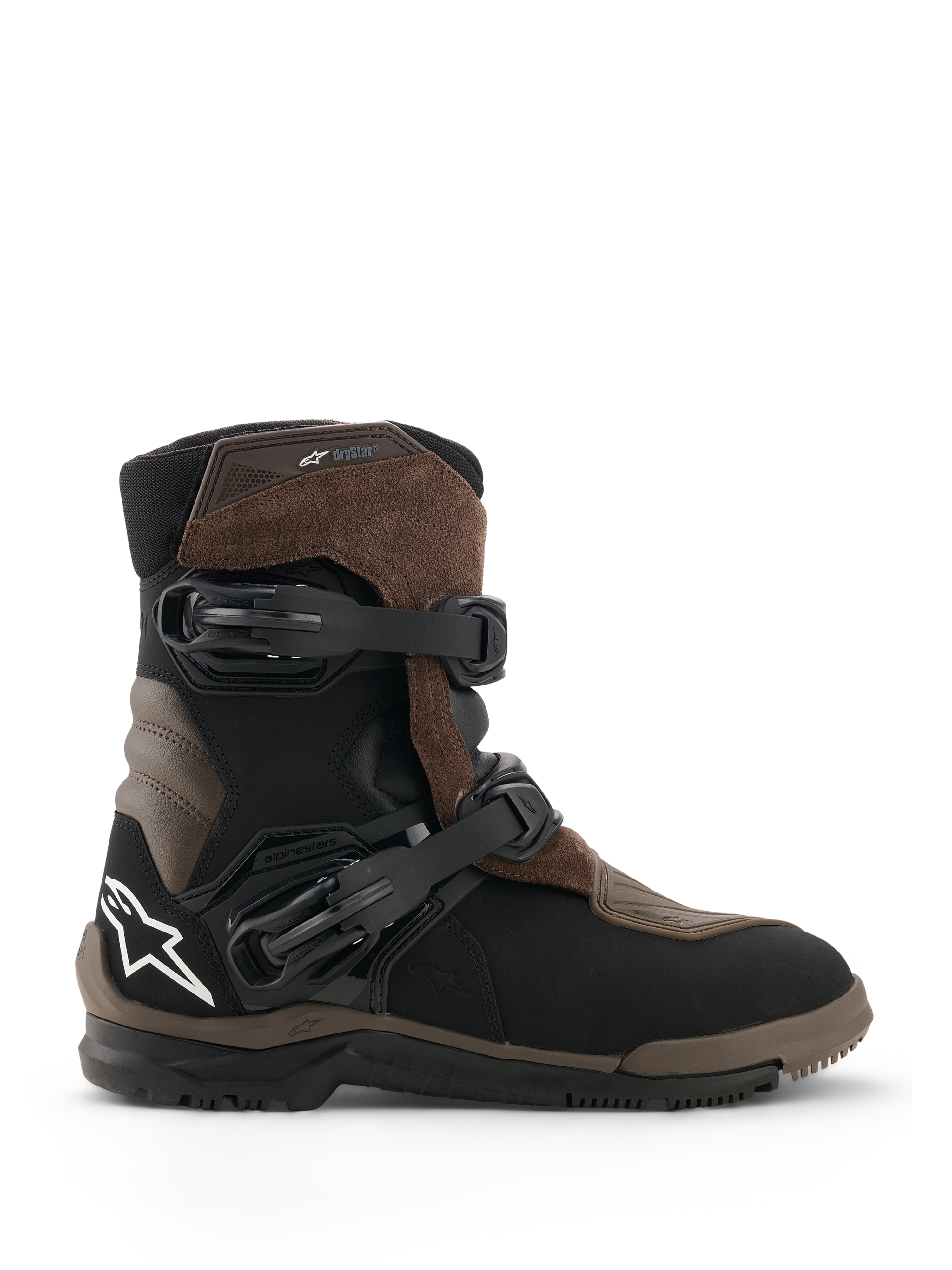 Botas Alpinestars Belize V2 Drystar, botas de motociclismo adventure touring, castanhas e pretas, construção em camurça e couro impermeável, duas fivelas ajustáveis de libertação rápida, sola de borracha vulcanizada texturizada para todo-o-terreno, com o logótipo da estrela branca no calcanhar