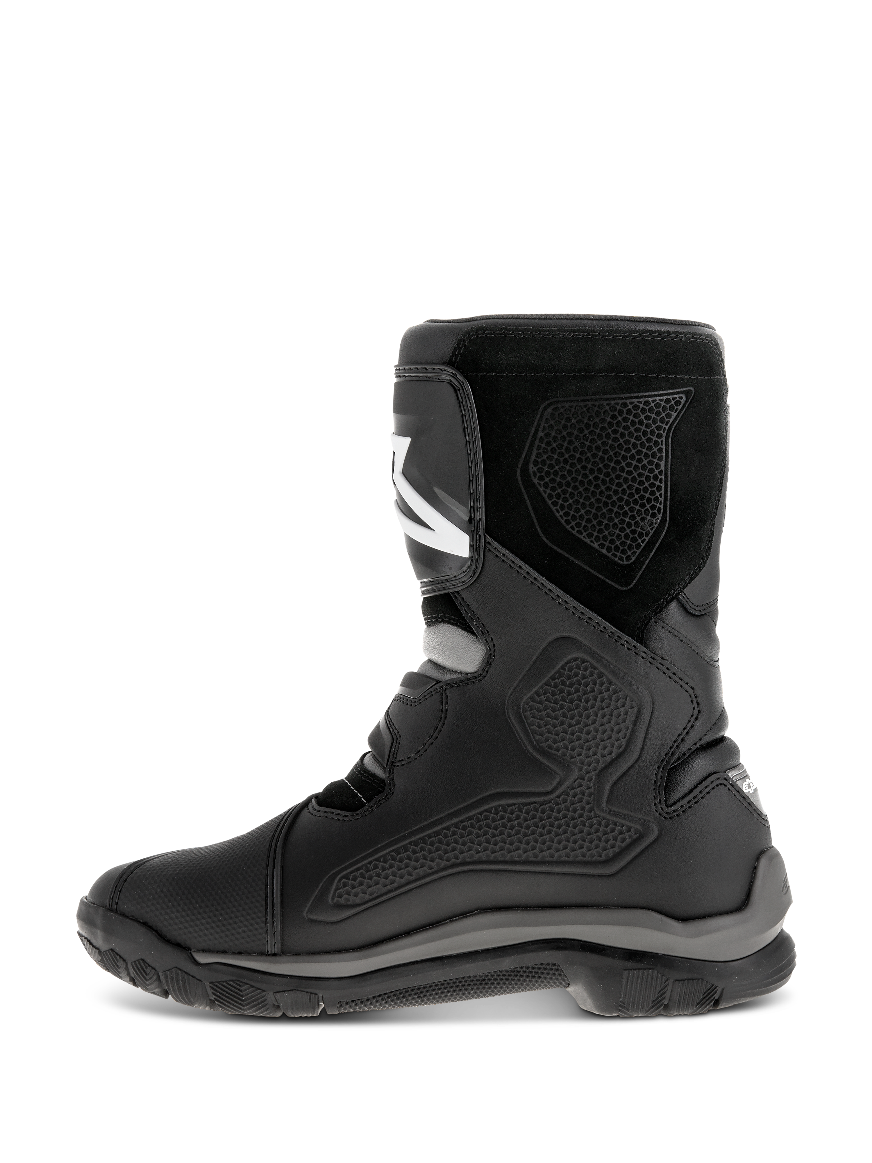 Botas Alpinestars Belize Drystar®, botas de motociclismo pretas, vista de perfil lateral mostrando construção em couro com painéis de proteção em TPU, textura de camurça e sola exterior robusta em borracha vulcanizada para turismo de aventura