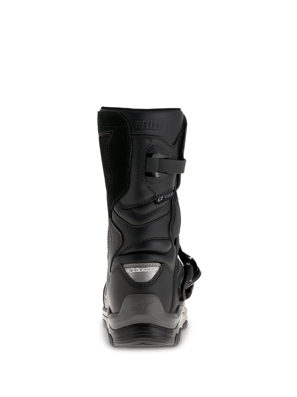 Botas Alpinestars Belize Drystar®, botas de motociclismo adventure touring pretas, vista traseira mostrando a proteção do calcanhar, fecho de fivela e a marca Drystar® impermeável.