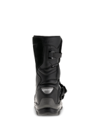 Botas Alpinestars Belize Drystar®, botas de motociclismo adventure touring pretas, vista traseira mostrando a proteção do calcanhar, fecho de fivela e a marca Drystar® impermeável.