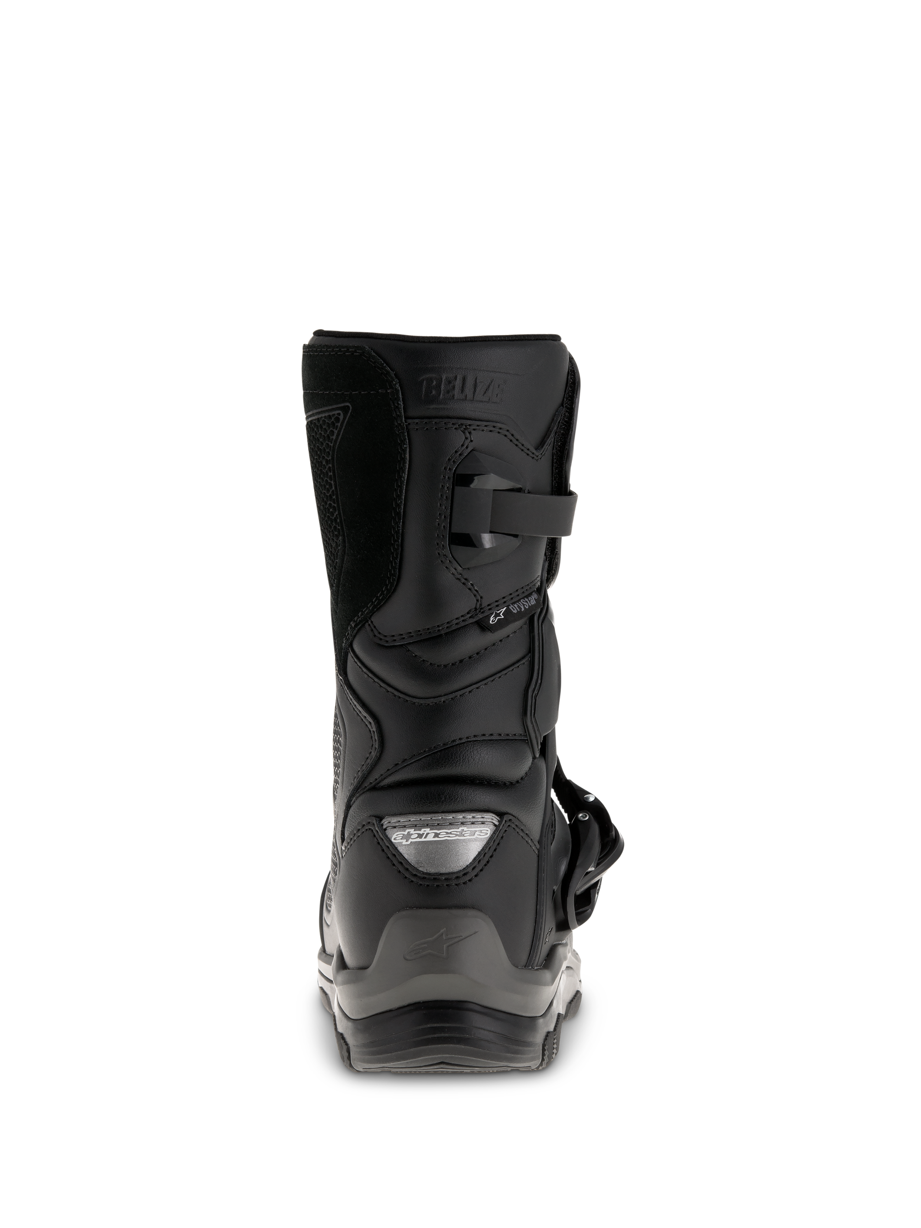 Botas Alpinestars Belize Drystar®, botas de motociclismo adventure touring pretas, vista traseira mostrando a proteção do calcanhar, fecho de fivela e a marca Drystar® impermeável.