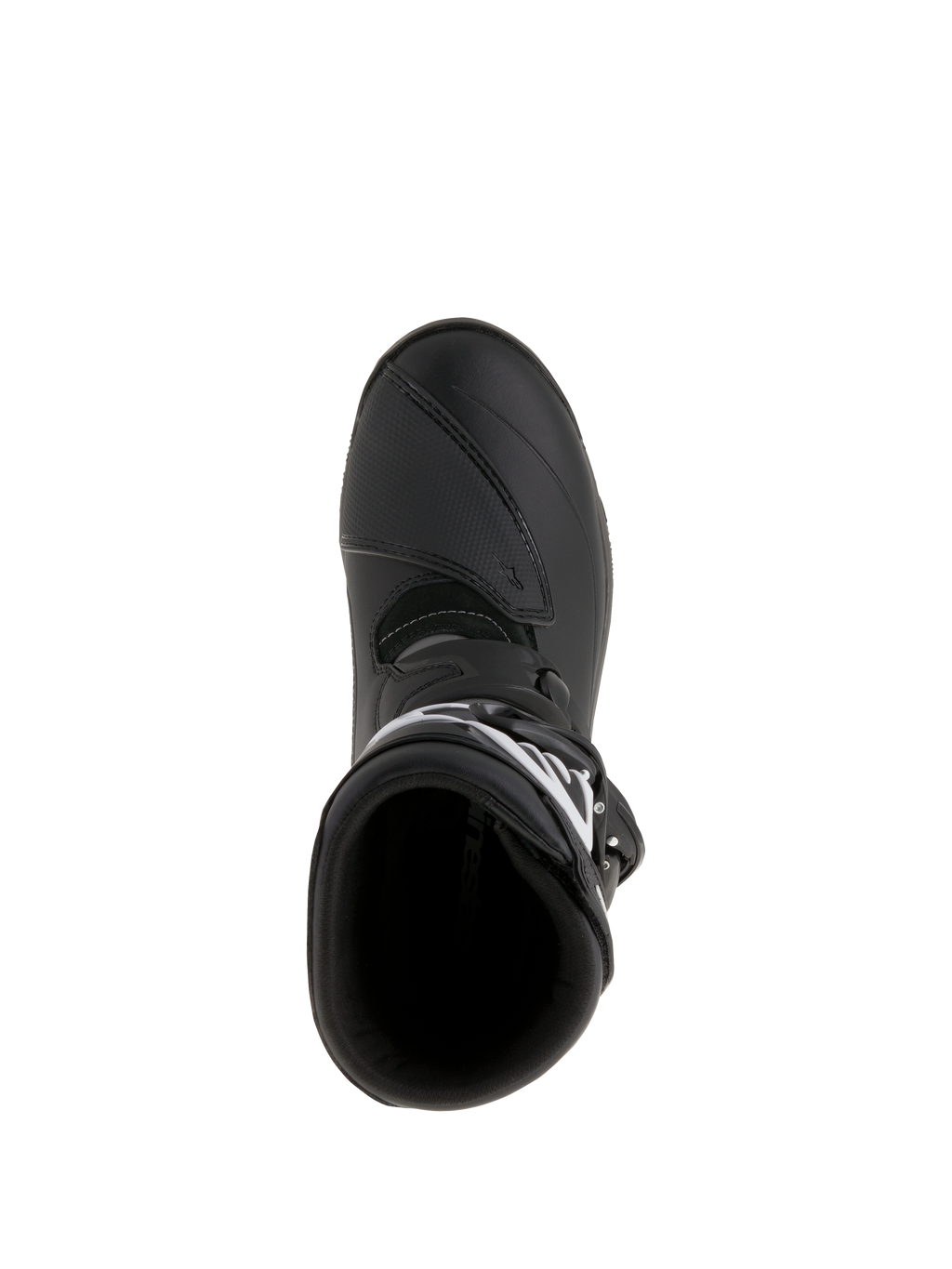 Botas Alpinestars Belize Drystar®, botas de motociclismo para turismo de aventura, pretas, vista superior que mostra a abertura de entrada e a proteção de mudanças reforçada, construção em couro impermeável e microfibra