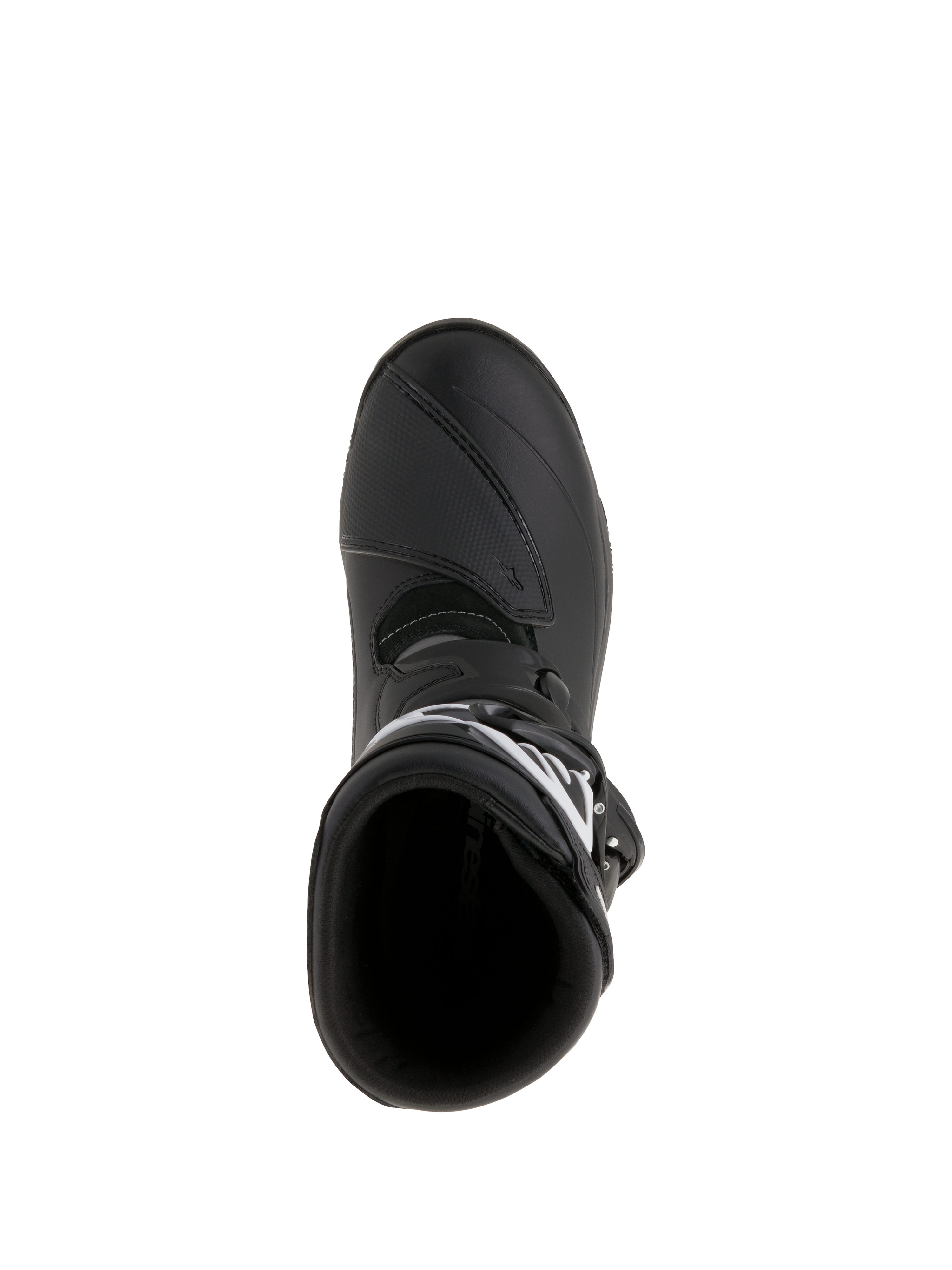 Botas Alpinestars Belize Drystar®, botas de motociclismo para turismo de aventura, pretas, vista superior que mostra a abertura de entrada e a proteção de mudanças reforçada, construção em couro impermeável e microfibra