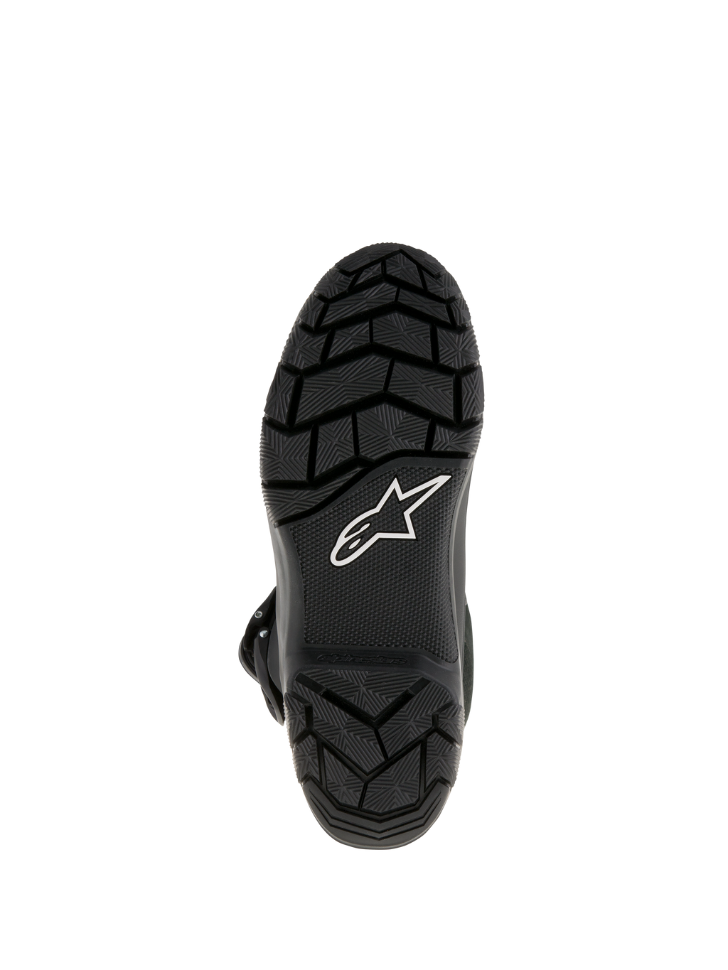Botas Alpinestars Belize Drystar®, botas de motociclismo adventure touring, vista inferior que mostra a sola de borracha vulcanizada preta com padrão de rasto para uma aderência superior e o logótipo de estrela da Alpinestars em branco
