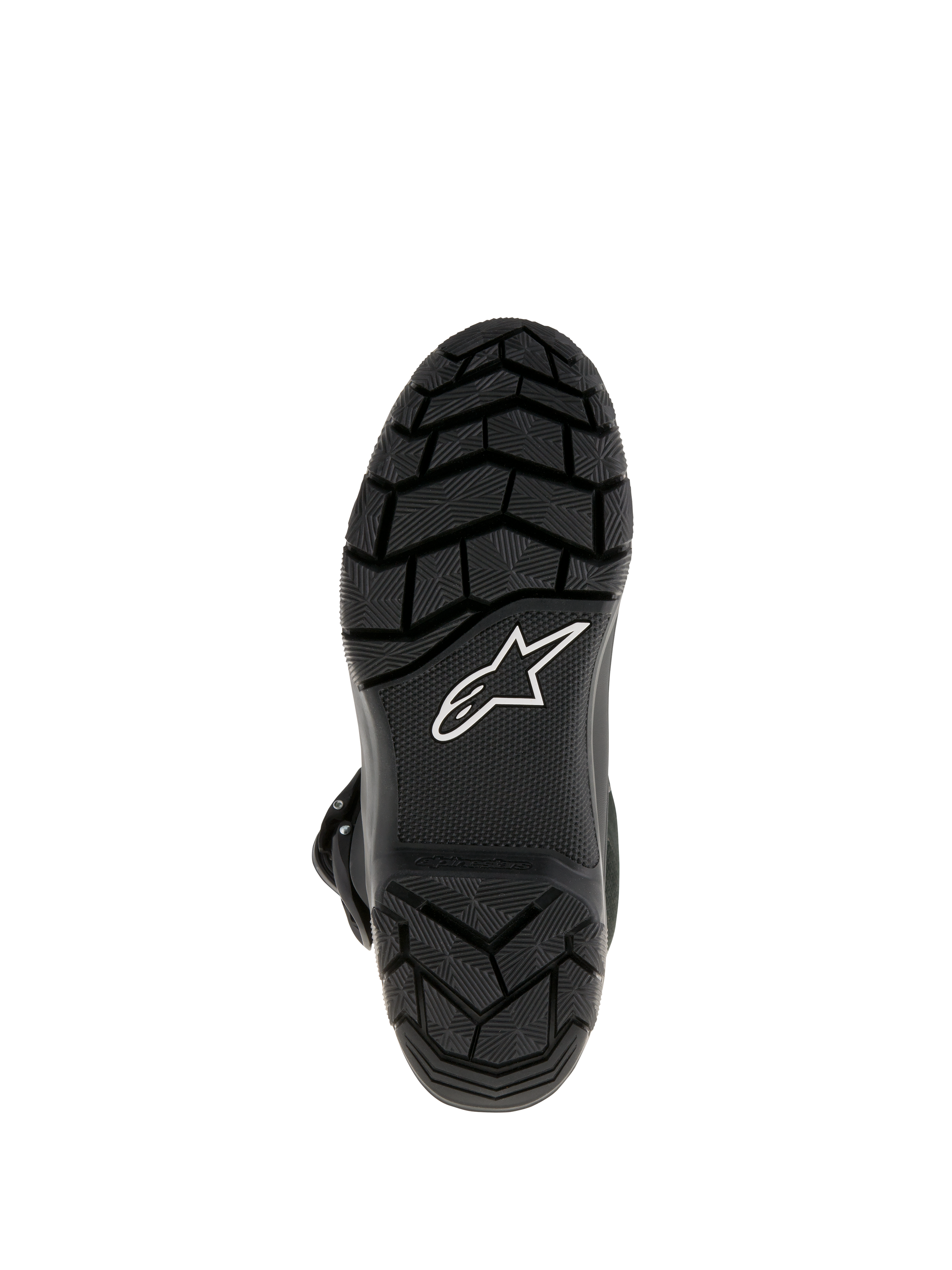 Botas Alpinestars Belize Drystar®, botas de motociclismo adventure touring, vista inferior que mostra a sola de borracha vulcanizada preta com padrão de rasto para uma aderência superior e o logótipo de estrela da Alpinestars em branco