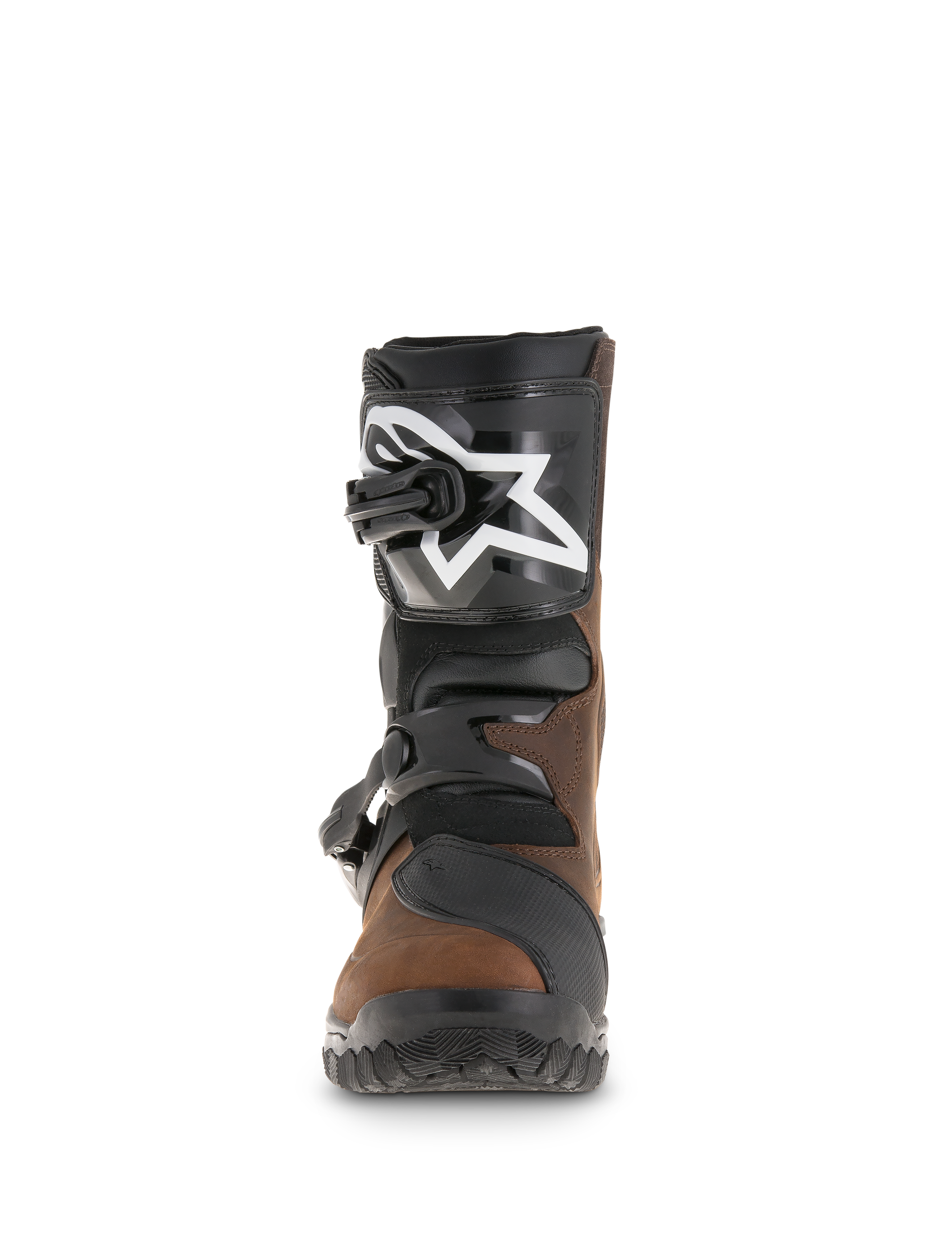 Botas Alpinestars Belize Drystar®, botas de turismo de aventura, castanho oleado e preto, vista frontal mostrando a caneleira em TPU com logótipo de estrela branco, sistema de fecho com duas fivelas e sola com textura robusta