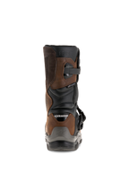 Botas Alpinestars Belize Drystar®, vista traseira, castanho oleado e preto, botas de motociclismo de aventura e turismo impermeáveis com design de cano curto, logótipo 'BELIZE' em relevo e protetor de calcanhar robusto.