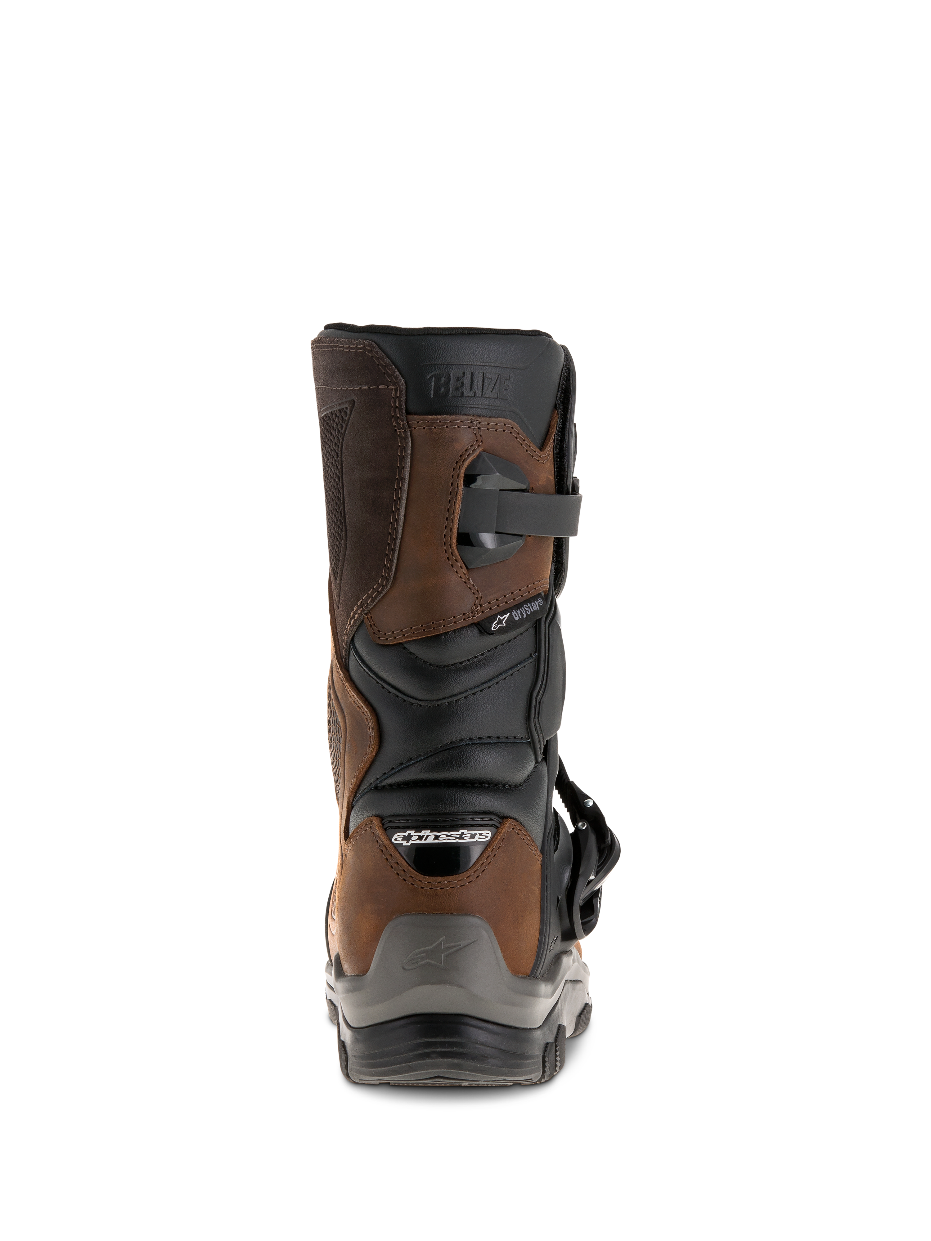 Botas Alpinestars Belize Drystar®, vista traseira, castanho oleado e preto, botas de motociclismo de aventura e turismo impermeáveis com design de cano curto, logótipo 'BELIZE' em relevo e protetor de calcanhar robusto.