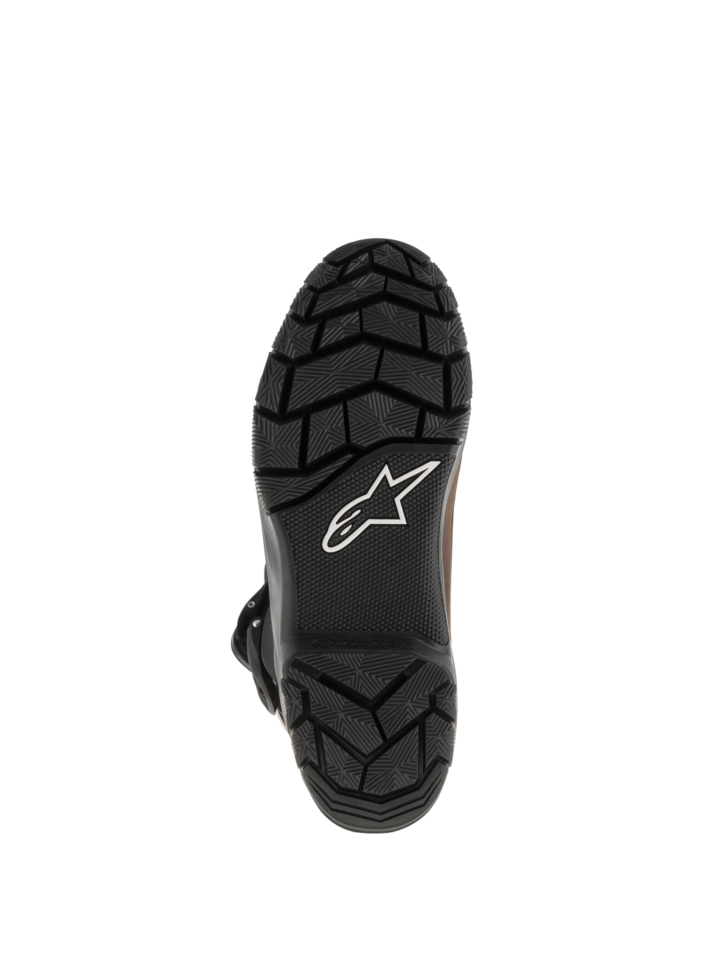 Botas Alpinestars Belize Drystar®, sola exterior em borracha vulcanizada preta com padrão de rasto de textura robusta, apresentando o logótipo de estrela branco da Alpinestars, design de aderência durável para turismo de aventura