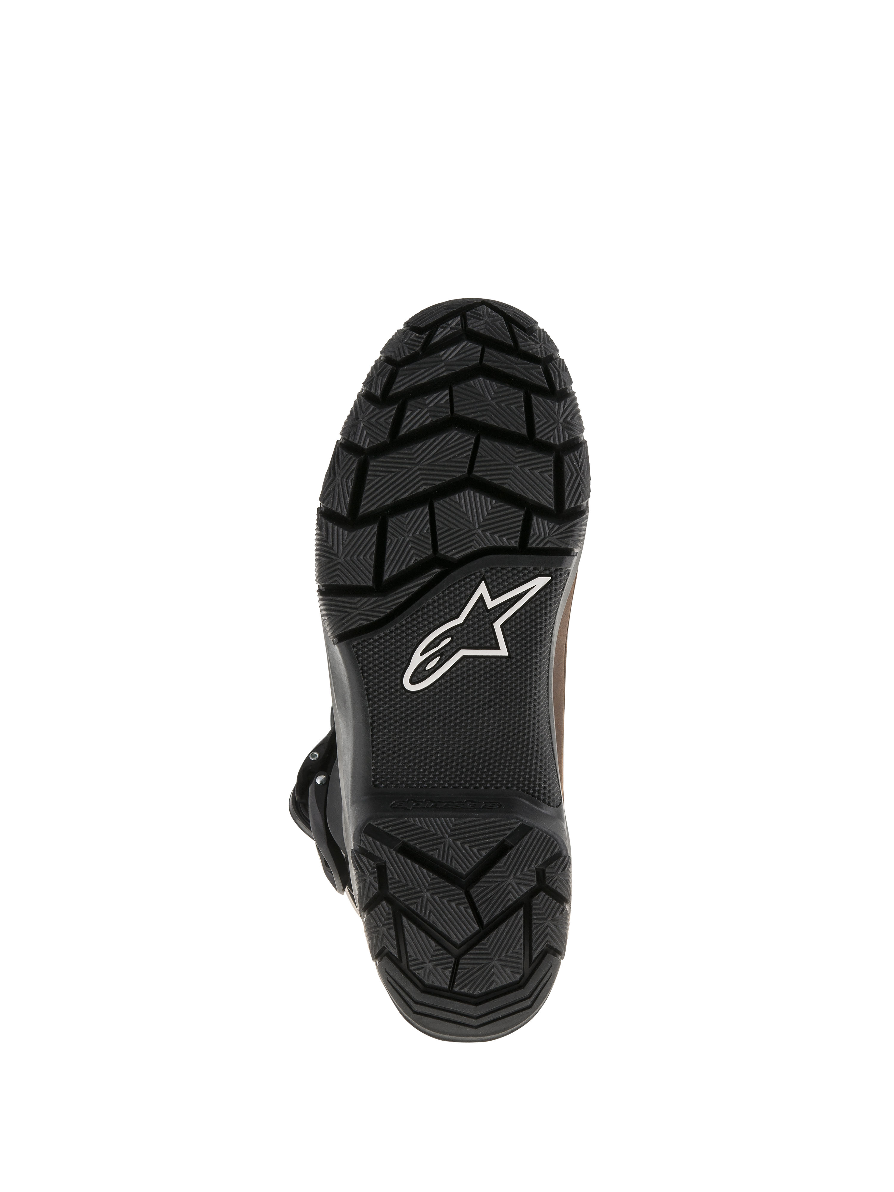 Botas Alpinestars Belize Drystar®, sola exterior em borracha vulcanizada preta com padrão de rasto de textura robusta, apresentando o logótipo de estrela branco da Alpinestars, design de aderência durável para turismo de aventura
